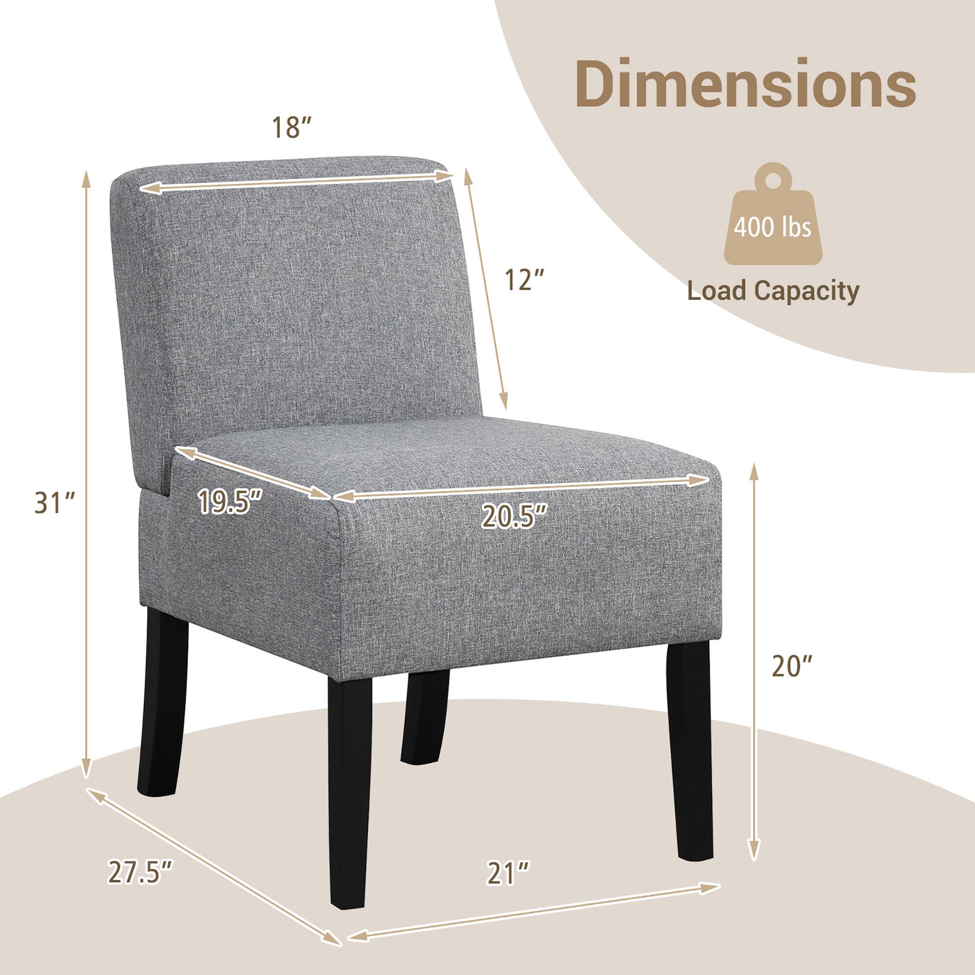 Dimensions:
- Height: 31"
- Width: 20.5"
- Depth: 27.5"
- Seat Height: 18"
- Back Height: 12"
- Seat Depth: 20"
- Armrest Height: 19.5"

Load Capacity: 400 lbs