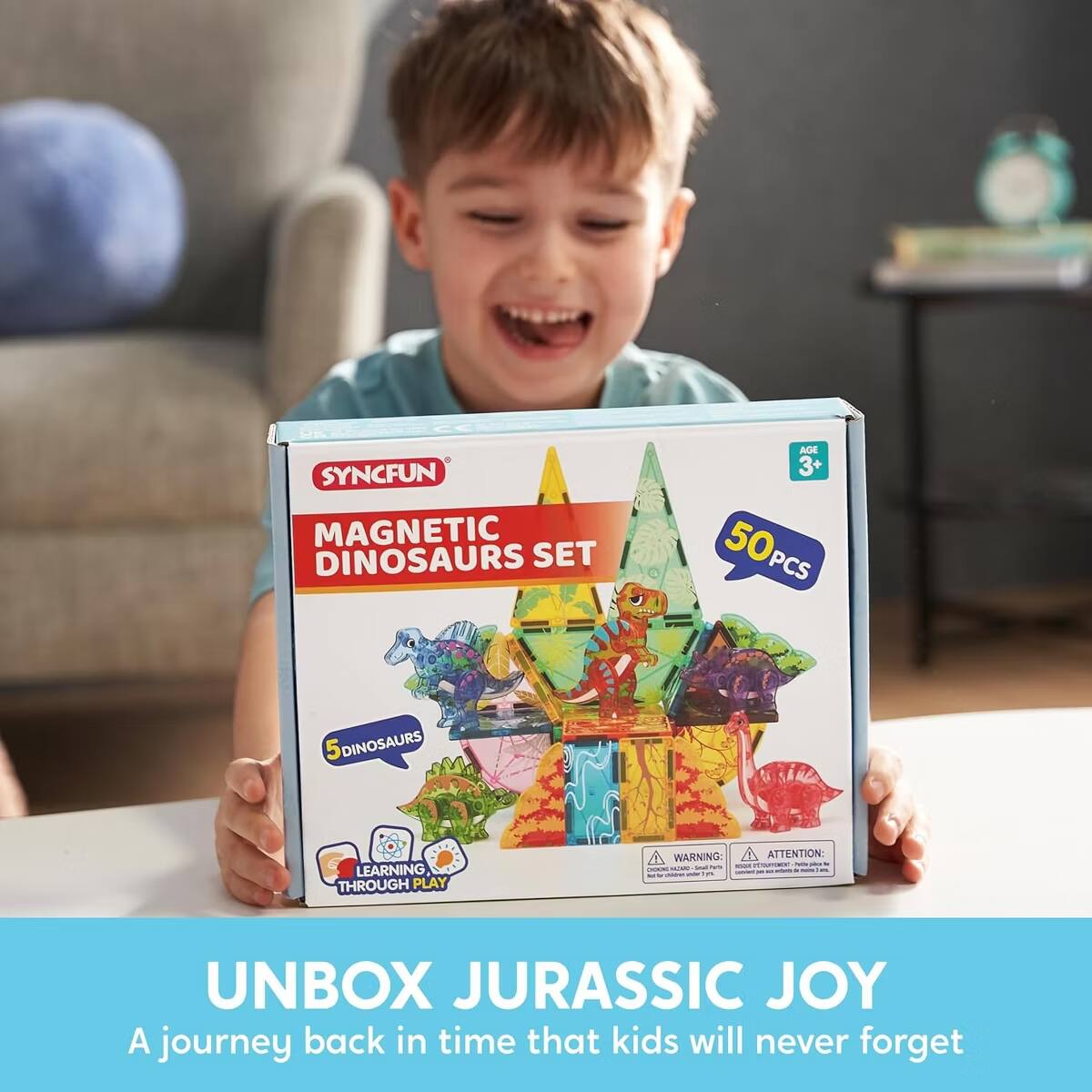 A SYNCFUN MAGNETIC DINOSAURS SET AGE 3+ 50 PCS 5 DINOSAURS LEARNING THROUGH PLAY WARNING: ATTENTION - UNBOX JURASSIC JOY A journey back in time that kids will never forget