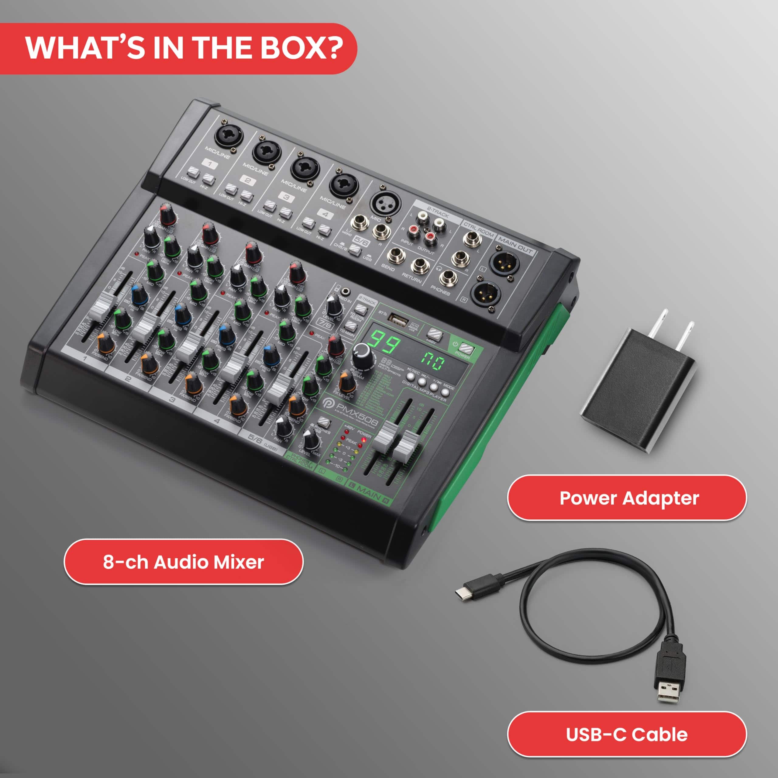 Pyle 8 Channel Audio Mixer 4 XLR Combo Mic Inputs, Bluetooth