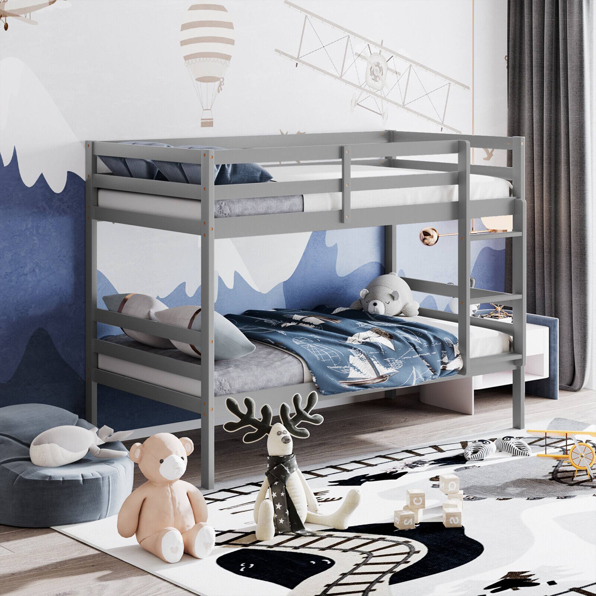 Alt View 3. Gymax - Gymax Twin Over Twin Wood Bunk Beds W/Ladder & Safety Rail Pine Wood Bunk Bed Gray - Gray.