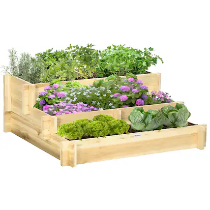 Front. Outsunny - Tier Raised Garden Bed, Water Draining Fabric for Soil, Elevated Wood Flower Box for Vegetables - Natural Wood.