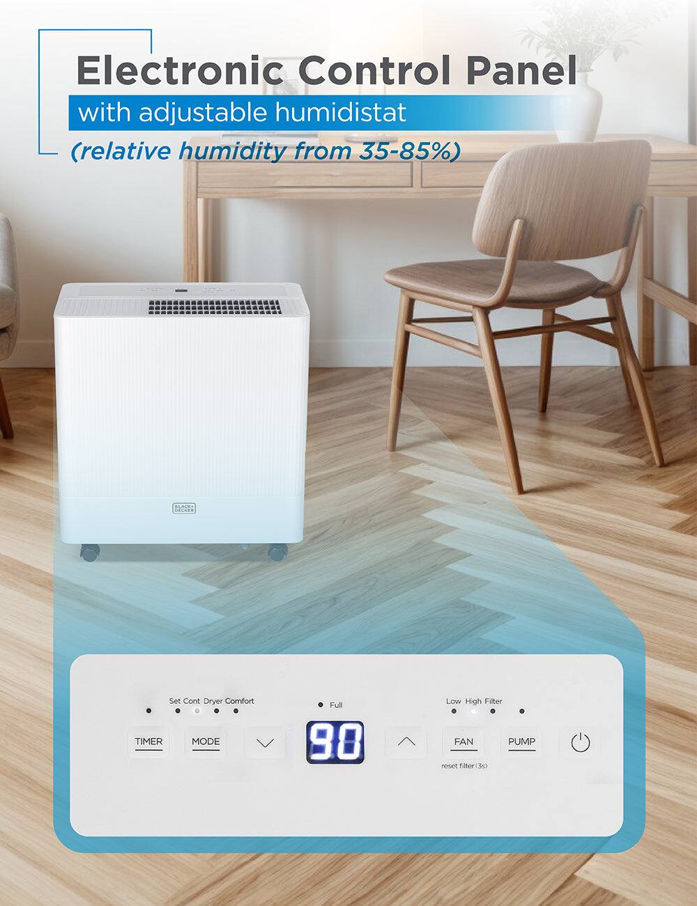 Electronic Control Panel with adjustable humidistat (relative humidity from 35-85%) 

O2 Mdaea Set Cont Dryer Comfort TIMER MODE Full 98 Low High Filter FAN PUMP reset filter 0