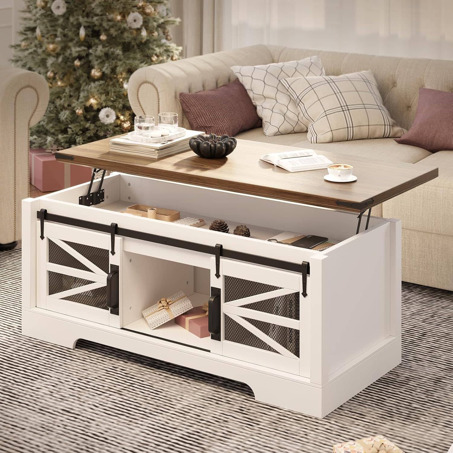 Acekool - Lift Top Coffee Table with Storage, Sliding Barn Door & Large Hidden Compartment - Black