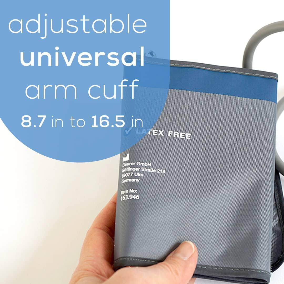 adjustable universal arm cuff  
8.7 in to 16.5 in  
LATEX FREE  

Beurer GmbH  
Söflinger Straße 218  
89077 Ulm  
Germany  

Item No: 163.946