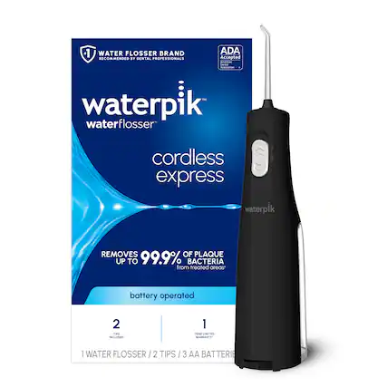1 WATER FLOSSER BRAND ADA RECOMMENDED BY DENTAL PROFESSIONALS
Accepted
waterpik waterflosser cordless express
REMOVES UP TO 99.9% OF PLAQUE BACTERIA from treated areas
battery operated
2 FIPS GLIED
1 YEAR LIMITED WARRANTY
1 WATER FLOSSER / 2 TIPS / 3 AA BATTERIES