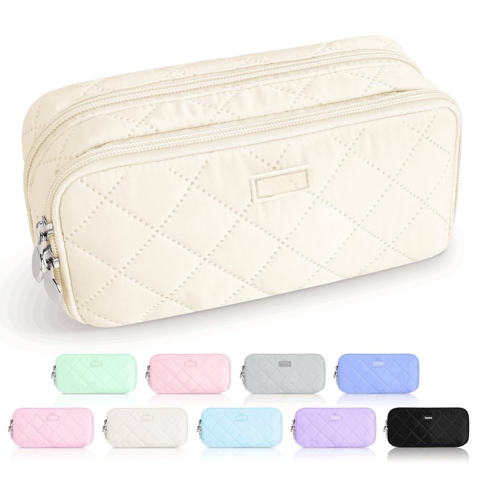 Front. Dapper Styles - Pencil Case Pouch Extra Big Bag With 8 Compartments Pen Opening Soft Quilted Organizer Zipper Portable For Teen - Beige.