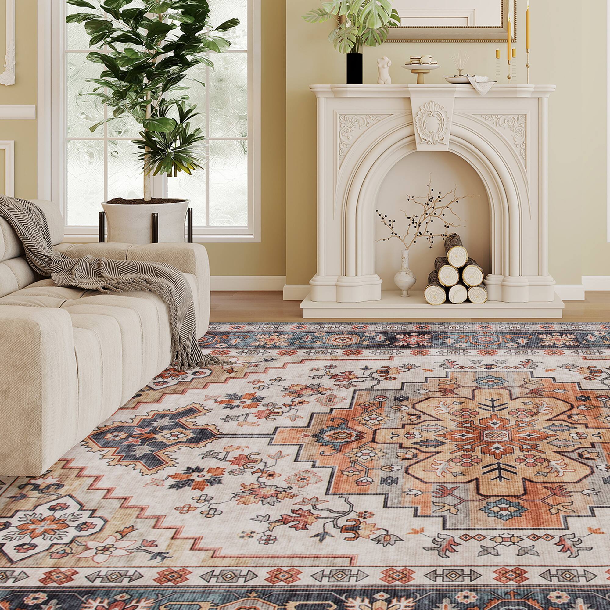 Homcom - Rug 5x7, Machine Washable Rug, Non-Slip Boho Print Pattern Medallion Carpet for Living Room, Bedroom - Tawny brown