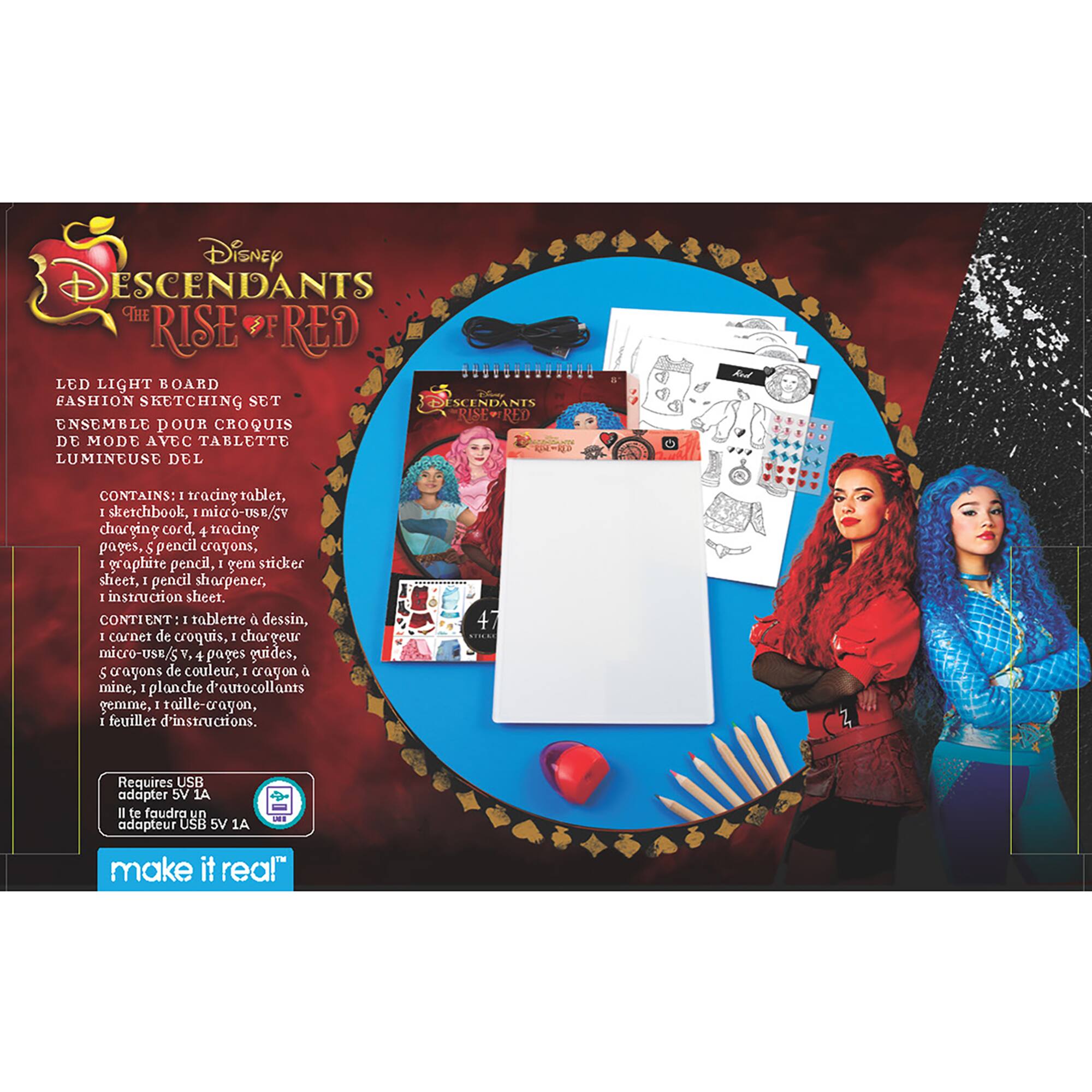 Disney Descendants The Rise of Red LED Light Board Set Fashion Sketching Set Contains: 1 tracing paper, 1 sketchbook, 1 micro-USB charging cord, 1 tracing pad, 5 pencil crayons, 1 graphite pencil, 1 gem sticker sheet, 1 pencil sharpener, 1 instruction sheet.