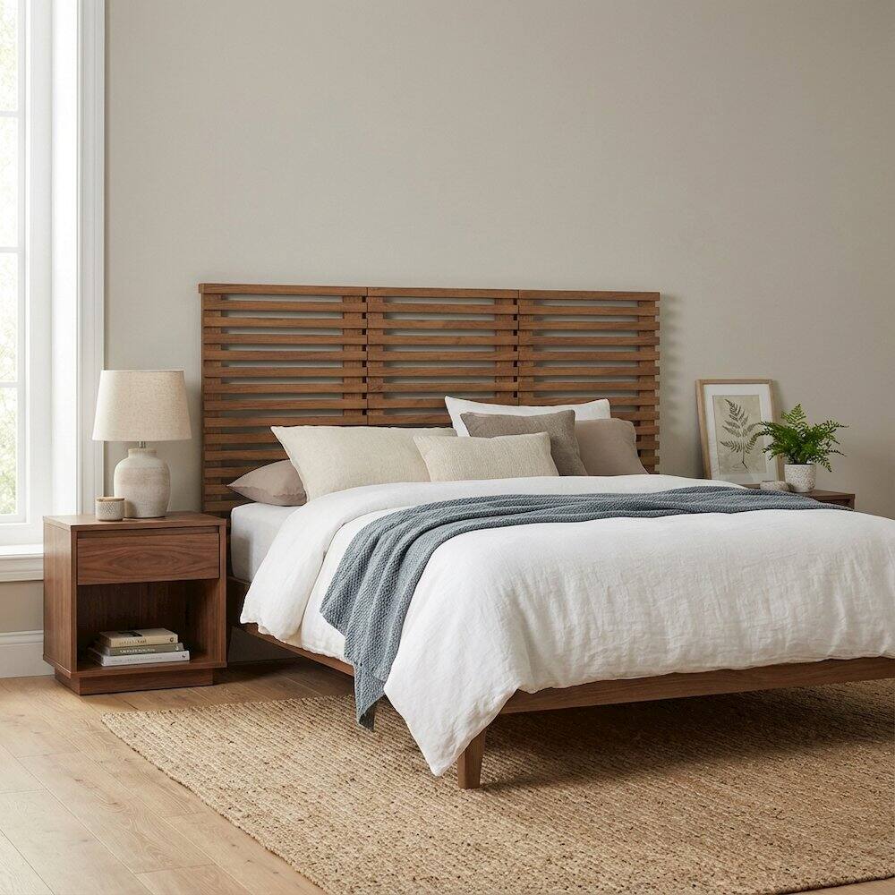 Left. FurniFact - Wall Mount Queen Headboard Set with 3 Pieces and Modern Minimalist Design - Brown.