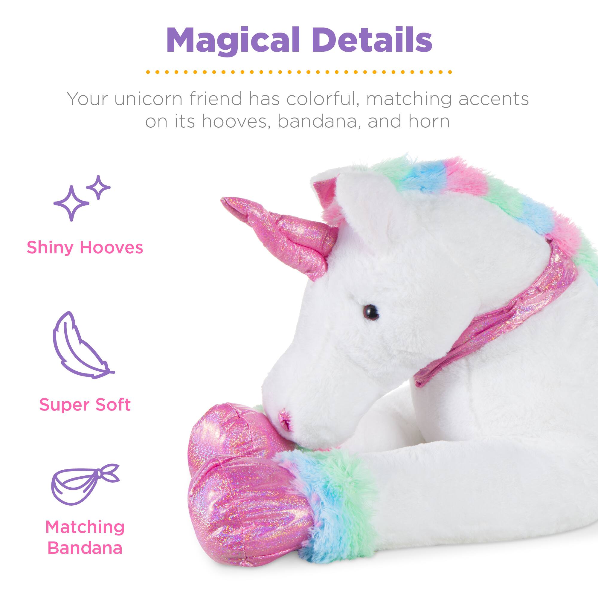 **Magical Details**

Your unicorn friend has colorful, matching accents on its hooves, bandana, and horn

- Shiny Hooves
- Super Soft
- Matching Bandana