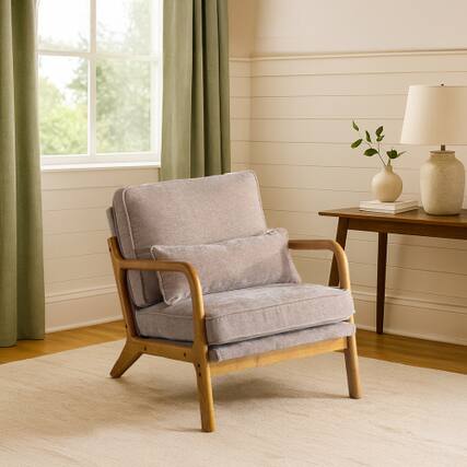 Front. Winado - Comfy Chairs Leisure Armchair with Rubber Wood Frame & Lumbar Pillow for Living Room Bedroom Studio Restaurants - Khaki.