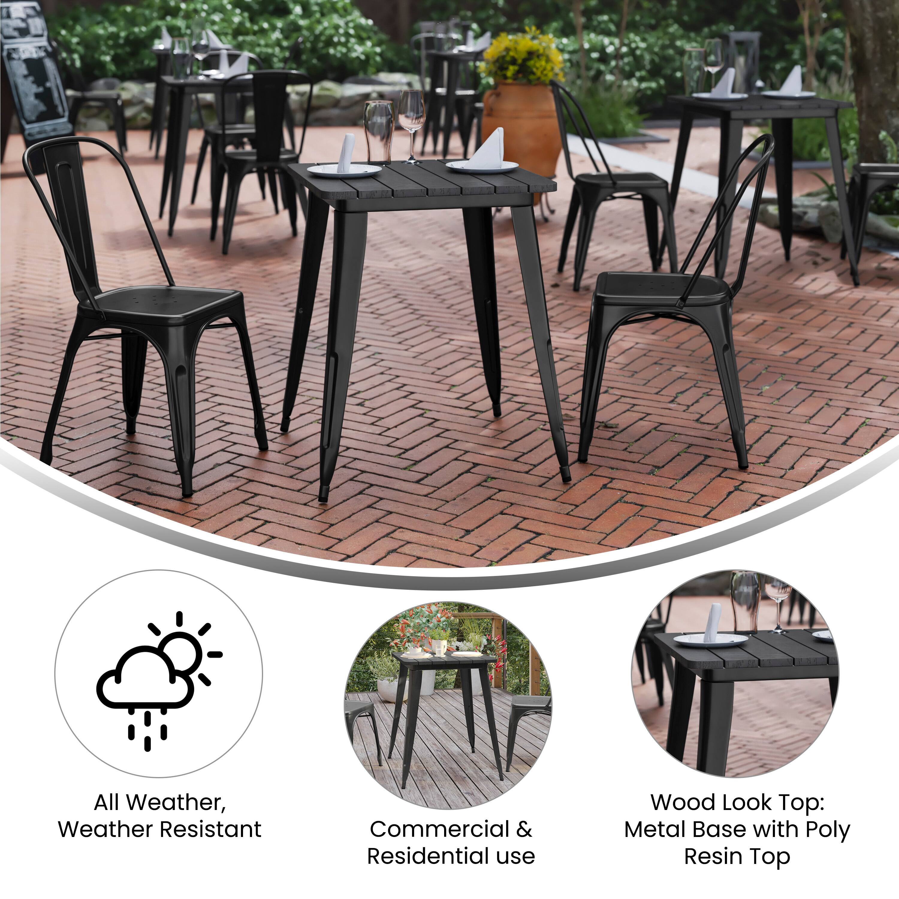 All Weather, Weather Resistant  
Commercial & Residential use  
Wood Look Top: Metal Base with Poly Resin Top