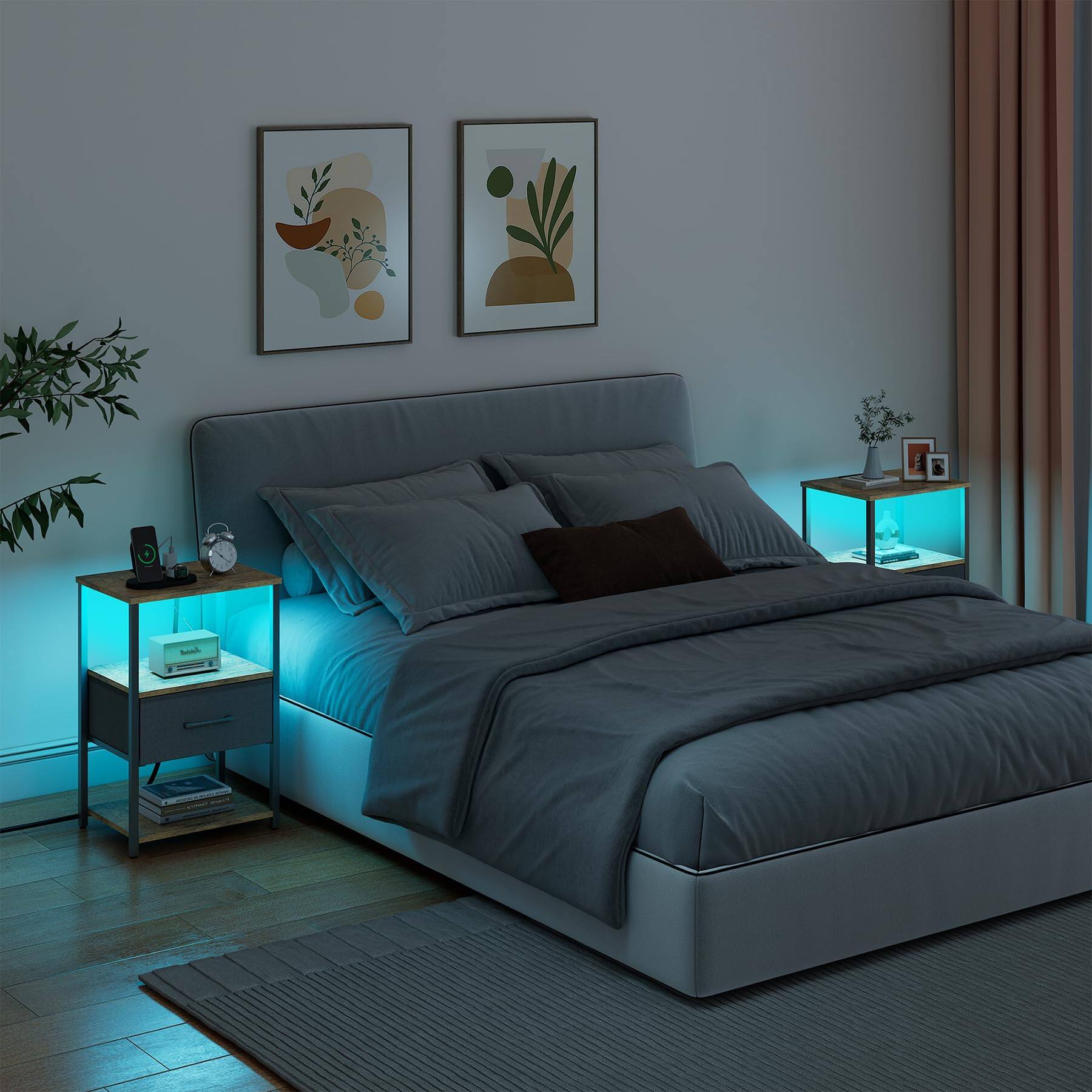 Alt View 5. Empire DigiLabs - Led Nightstand Set Of 2 Night Stand With Charging Station End Table Bedside Fabric Drawer Side For Livingro... - Black.