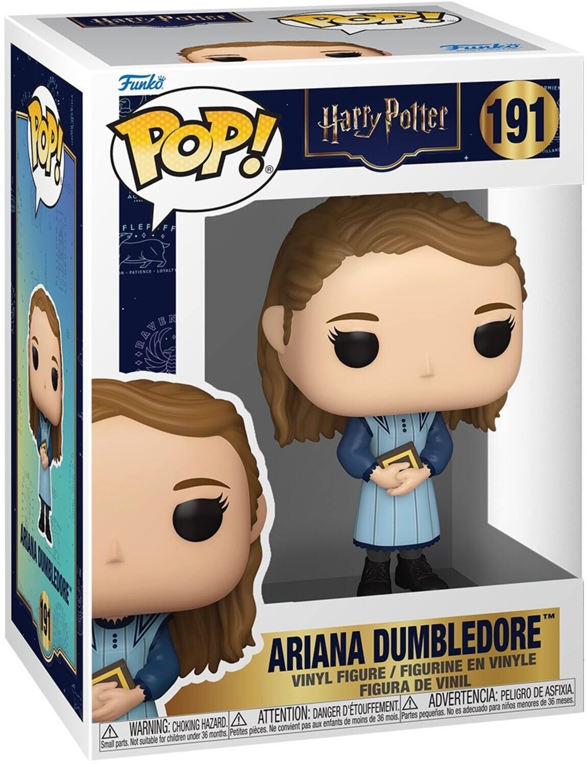 Harry Potter 191 POP! Ariana Dumbledore Vinyl Figure / Figurine en Vinyle / Figura de Vinil  
Patience Loyalty Brave  
Warning: Choking Hazard. Small parts. Not suitable for children under 36 months.  
Attention: Danger d'étouffement. Petites pièces. Ne convient pas aux enfants de moins de 36 mois.  
Advertencia: Peligro de asfixia. Partes pequeñas. No es adecuado para niños menores de 36 meses.