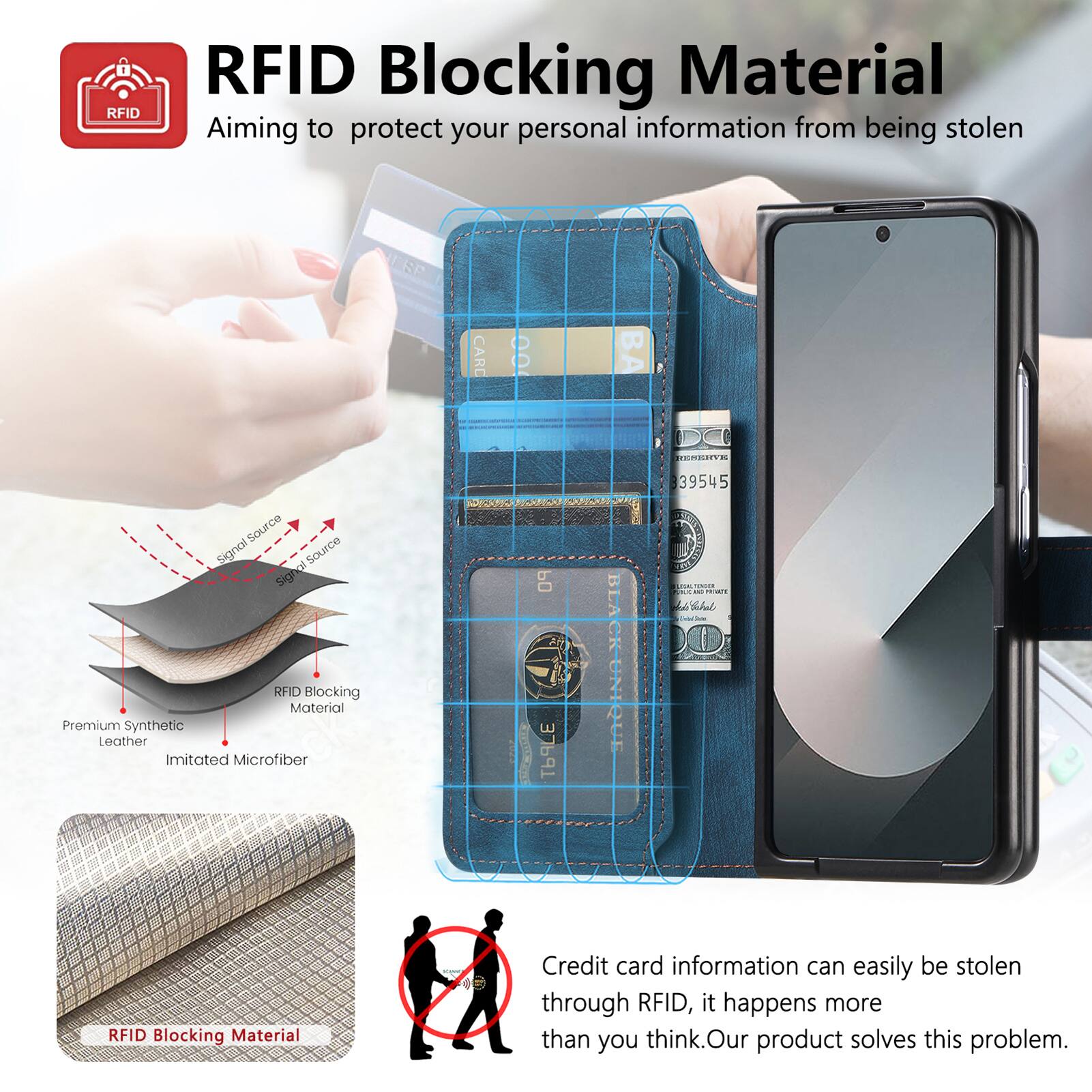 RFID Blocking Material

Aiming to protect your personal information from being stolen

Premium Synthetic Leather
Imitated Microfiber

Credit card information can easily be stolen through RFID, it happens more than you think. Our product solves this problem.