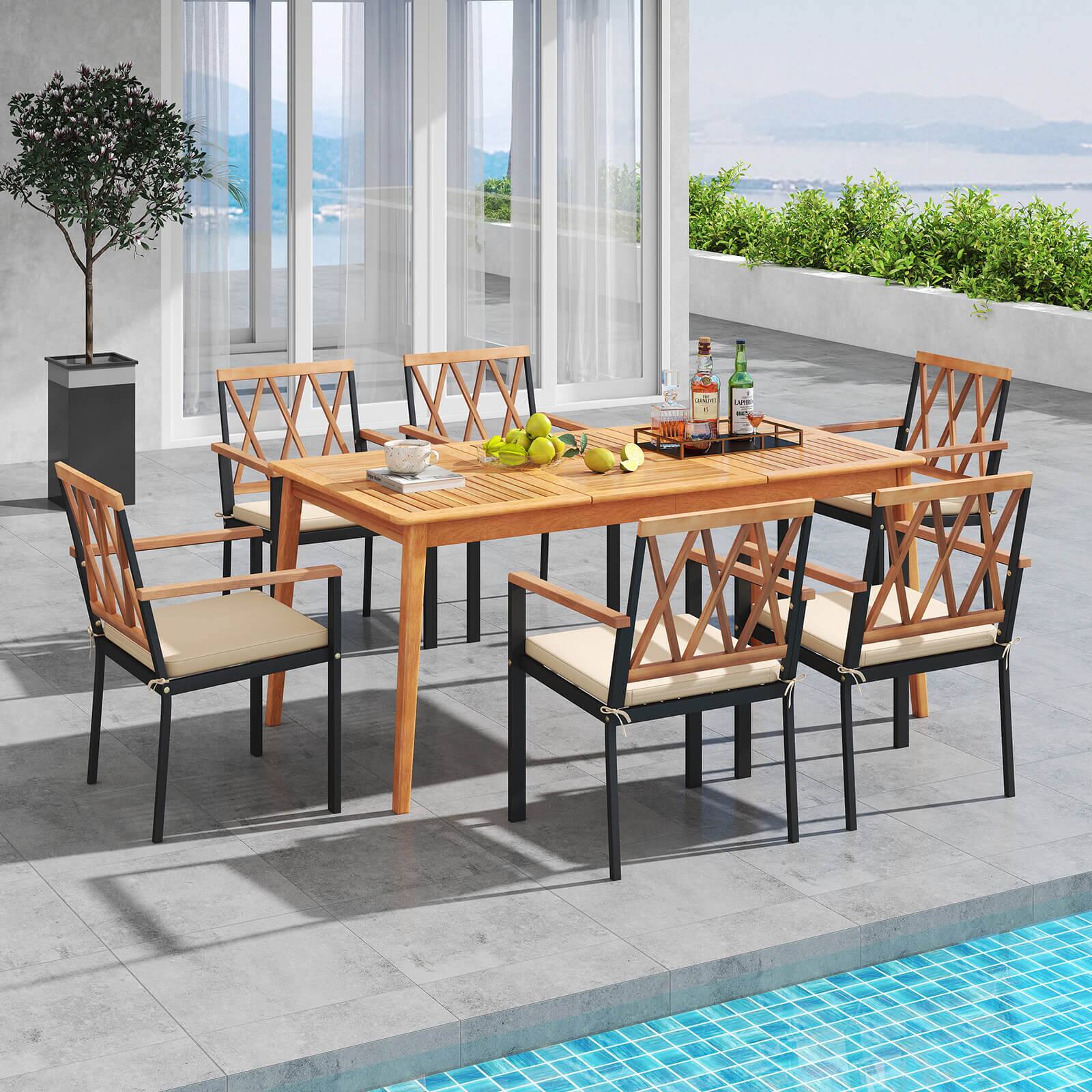 Alt View 3. Costway - Costway 7 PCS Patio Acacia Wood Dining Set with Soft Seat Cushions Umbrella Hole Outdoor - Natural,Black.