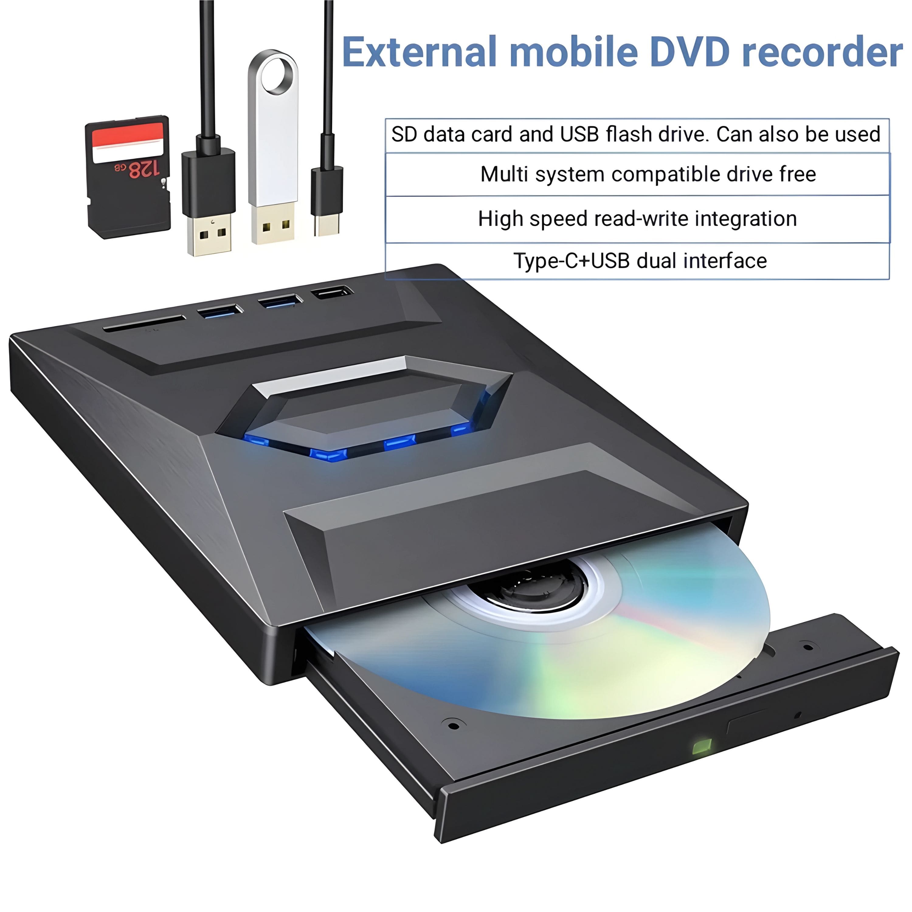 External mobile DVD recorder
- SD data card and USB flash drive. Can also be used
- Multi system compatible drive free
- High speed read-write integration
- Type-C+USB dual interface