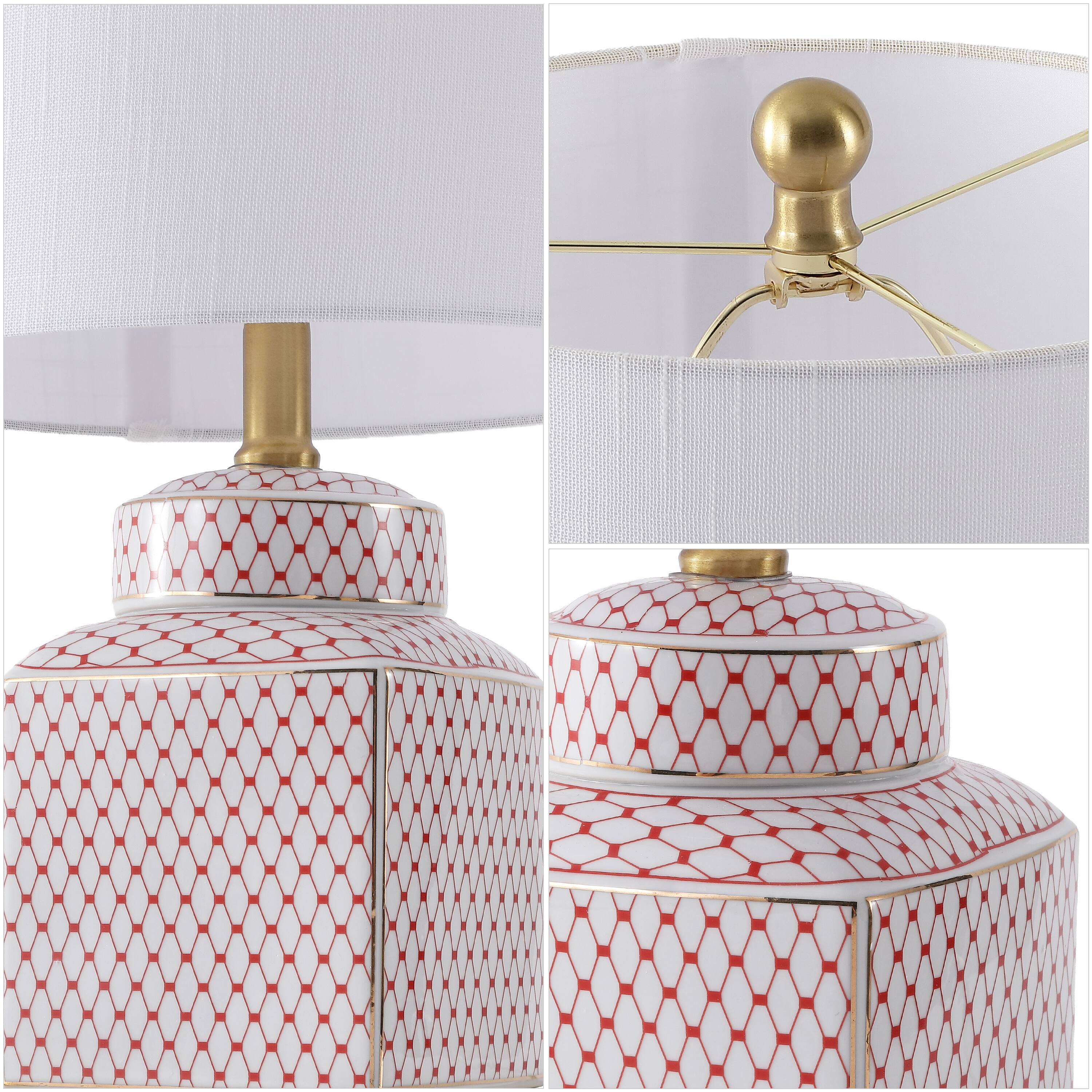 Alt View 4. Jonathan Y - Cleo Transitional 21.5" Red and White Square Ceramic Table Lamp with Glam Brass Gold Base for Living Room - White/Red.