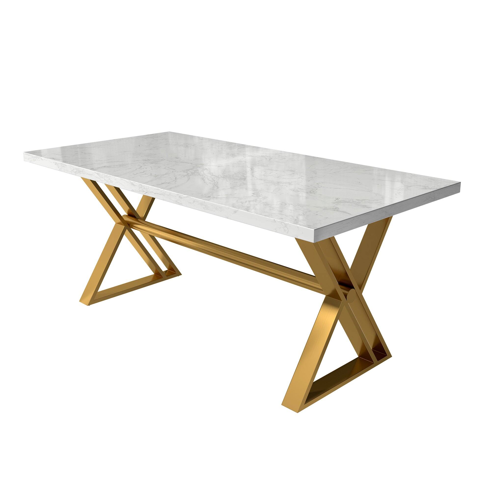 Front. Boyel Living - White Marble 70.87 Inch Cross Legs Dining Table Seats 6 Modern Gold Stainless Steel Base - White.