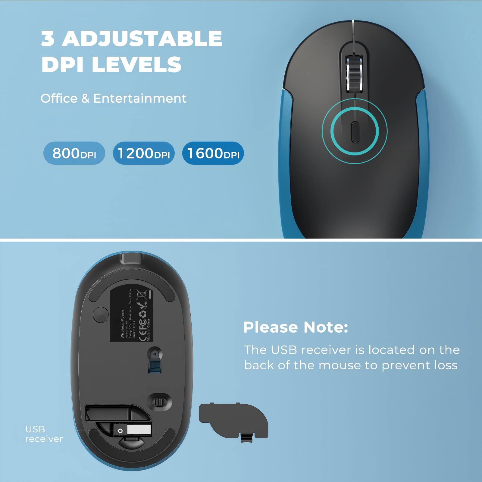 3 Adjustable DPI Levels  
Office & Entertainment  
800DPI 1200DPI 1600DPI  

Please Note:  
The USB receiver is located on the back of the mouse to prevent loss