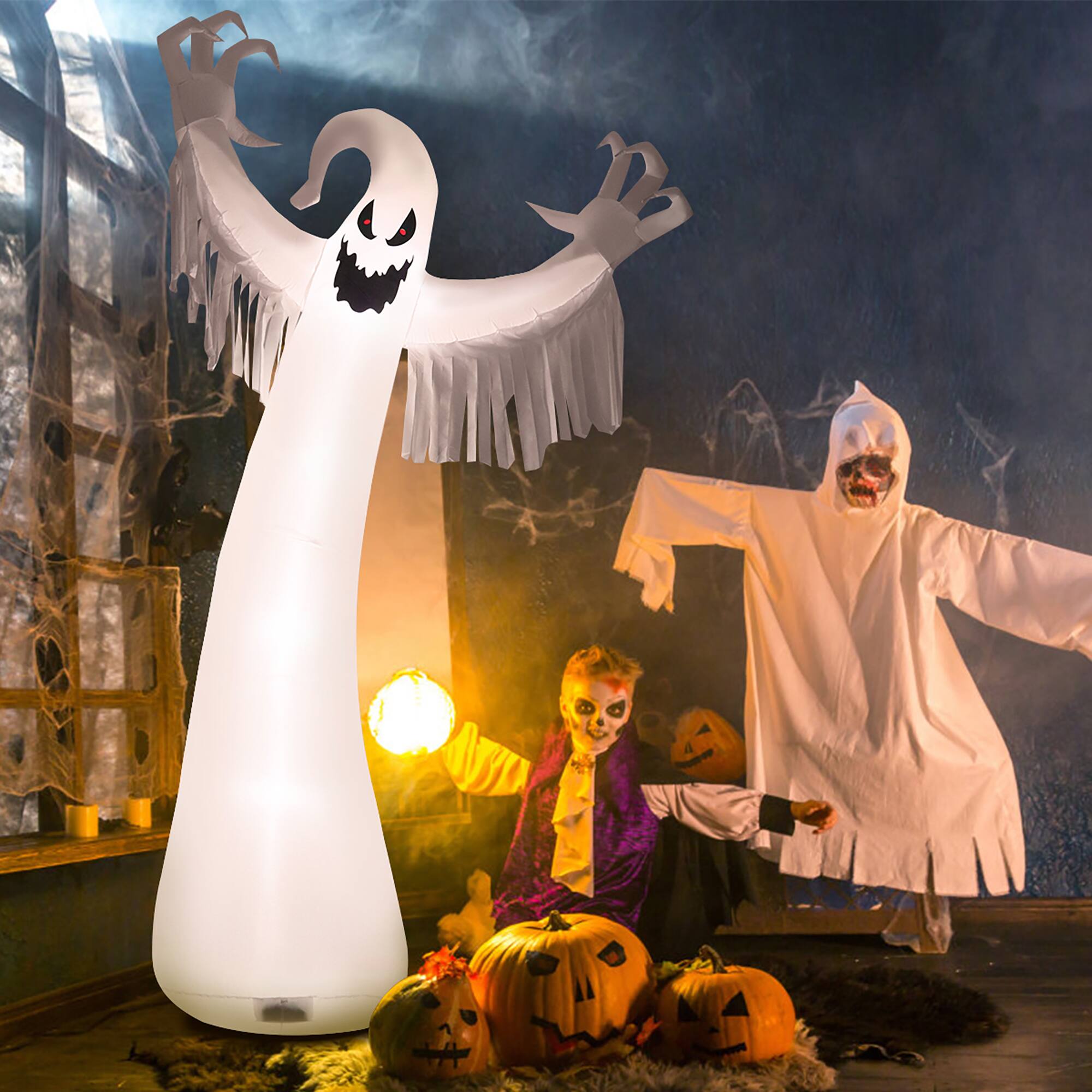 Alt View 12. Costway - 12ft Inflatable Halloween Blow Up Ghost Decoration w/ Built-in LED Light - White/Black.