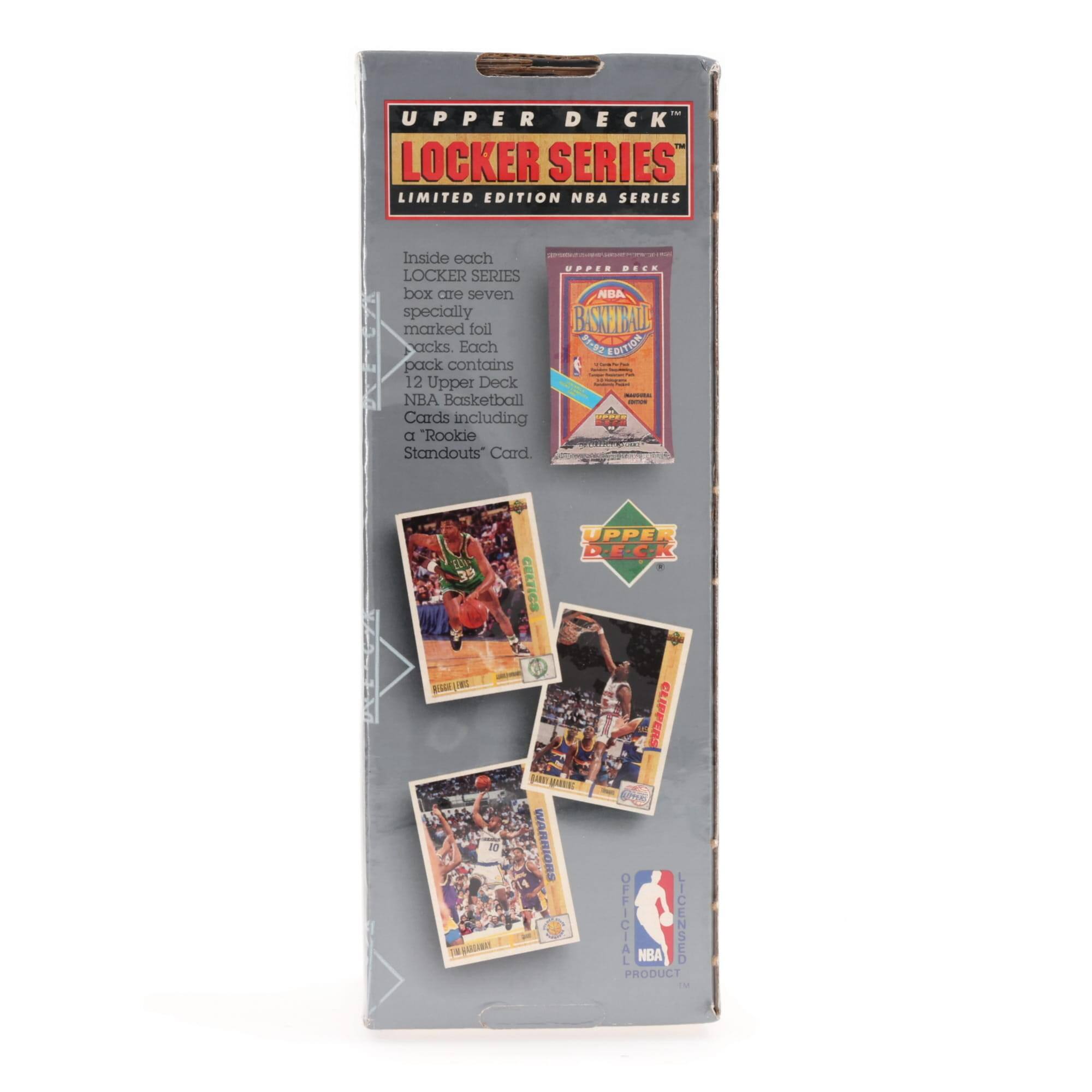 **UPPER DECK LOCKER SERIES LIMITED EDITION NBA SERIES**

Inside each LOCKER SERIES box are seven specially marked foil packs. Each pack contains 12 Upper Deck NBA Basketball Cards including a "Rookie Standouts" Card.

- CELTICS
- WARRIORS
- CLIPPERS

OFFICIAL NBA LICENSED PRODUCT