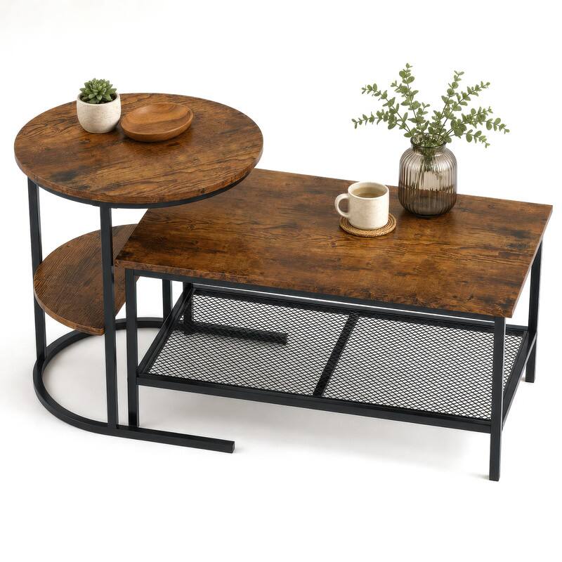 Alt View 6. WELLFOR - Coffee Table Set of 2, Rectangle Coffee Table and Side End Table with Storage Shelves, Nesting Center Table - Rustic Brown.