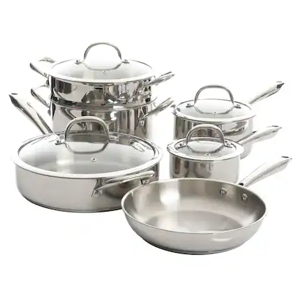 Front. Kenmore - Kenmore Elite Devon 10 Piece Heavy Gauge Stainless Steel Cookware Set - Silver.