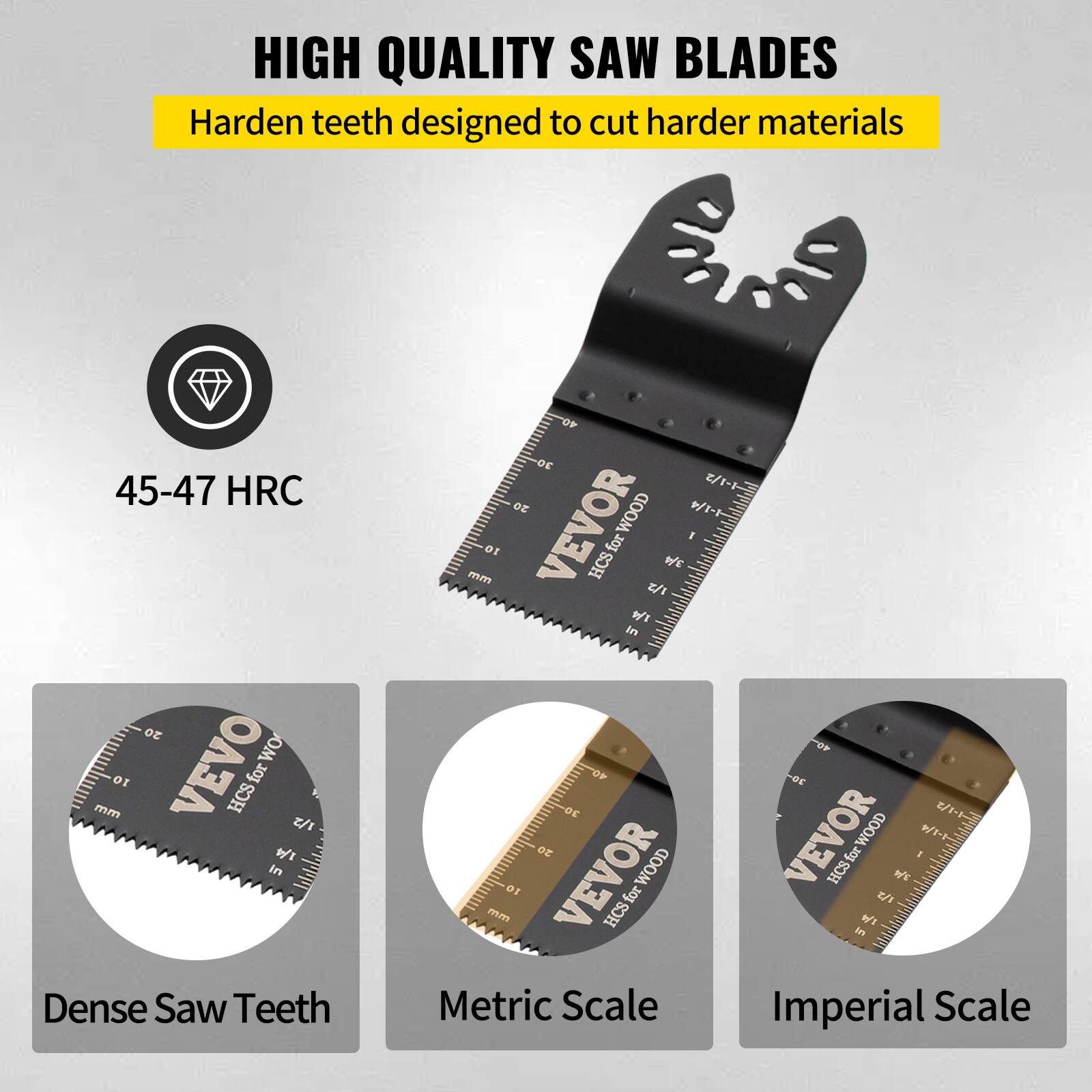HIGH QUALITY SAW BLADES  
Harden teeth designed to cut harder materials  

45-47 HRC  

Dense Saw Teeth  

Metric Scale  

Imperial Scale