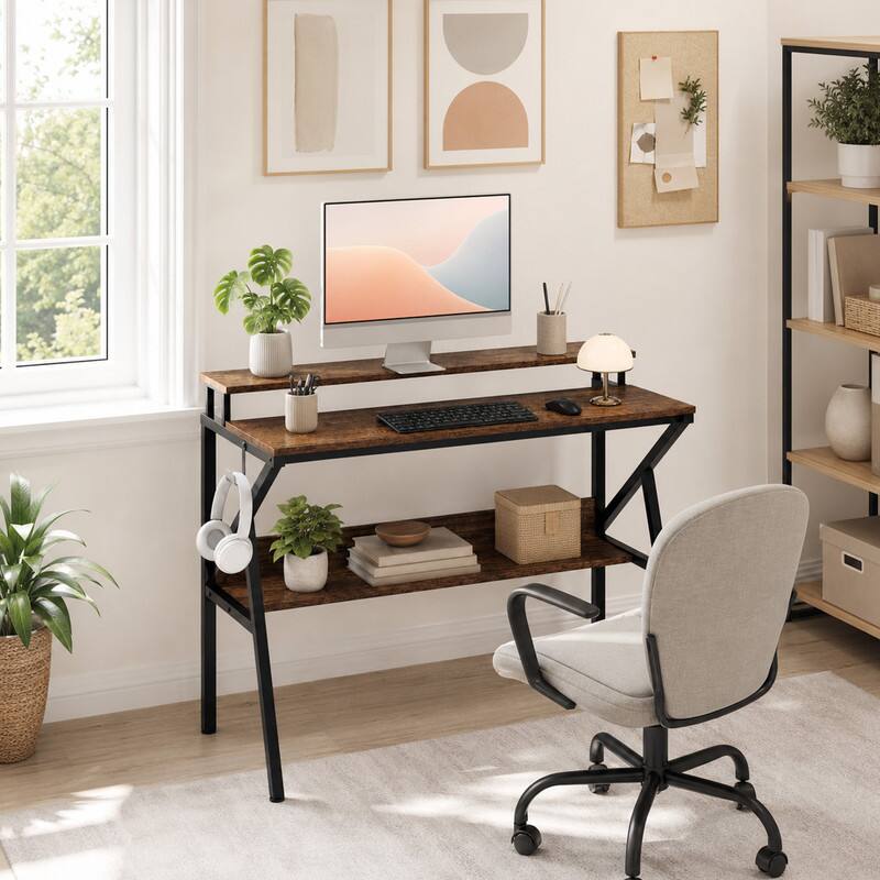 Angle. WELLFOR - 39.5 " Modern Computer Desk with Monitor Stand & Storage Shelf, Small Gaming Desk for Home Office - Rustic Brown.
