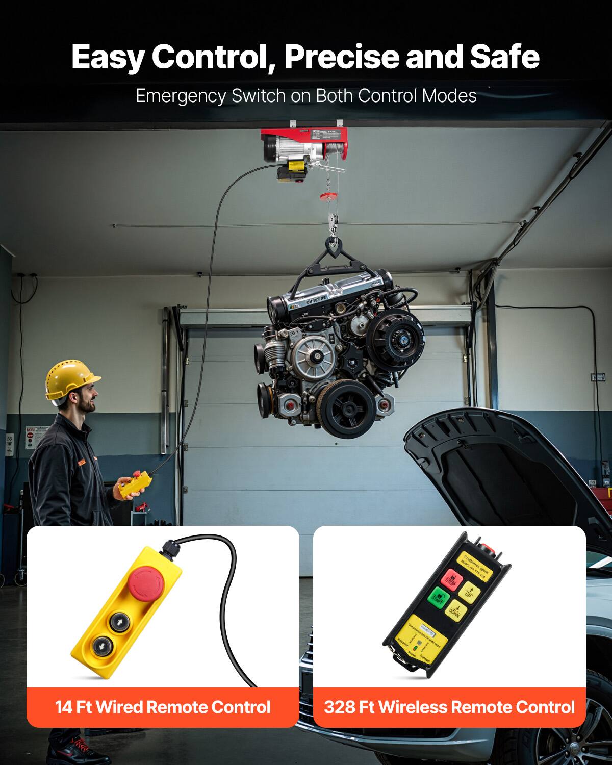Easy Control, Precise and Safe  
Emergency Switch on Both Control Modes  

14 Ft Wired Remote Control  
328 Ft Wireless Remote Control