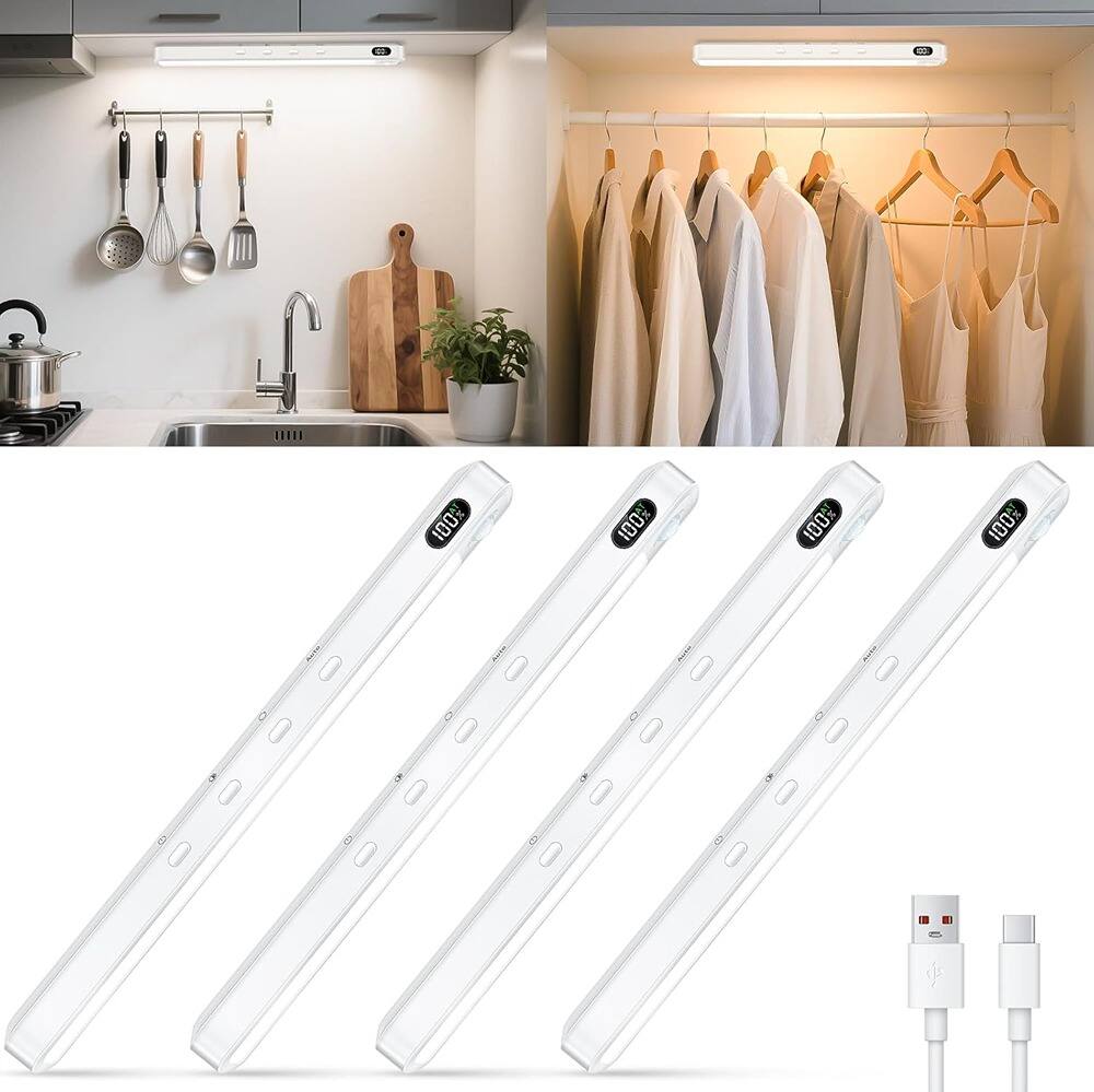 ACJPR - Under Cabinet & Closet Lights, Motion Sensor, Rechargeable, Magnetic, 3 Color Temps, Dimmable LED Light Bar (4 Pack)