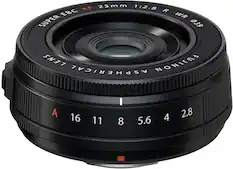 Sure, here is the corrected and grouped text from the image:
- **XF 23mm 1:2.8 R WR**
- **SUPER EBC**
- **FUJINON ASPHERICAL**
- **LENS**
- **A 16 11 8 5.6 4 2.8**