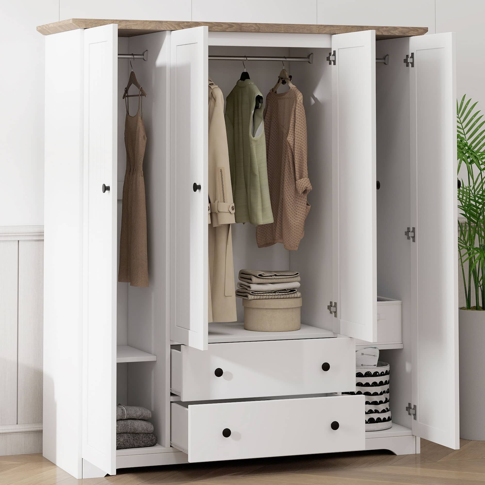 Whisen - 4-Door Wardrobe Armoire Closet with 2 Drawers,Large Capacity Hanging and Storage Organizer - White