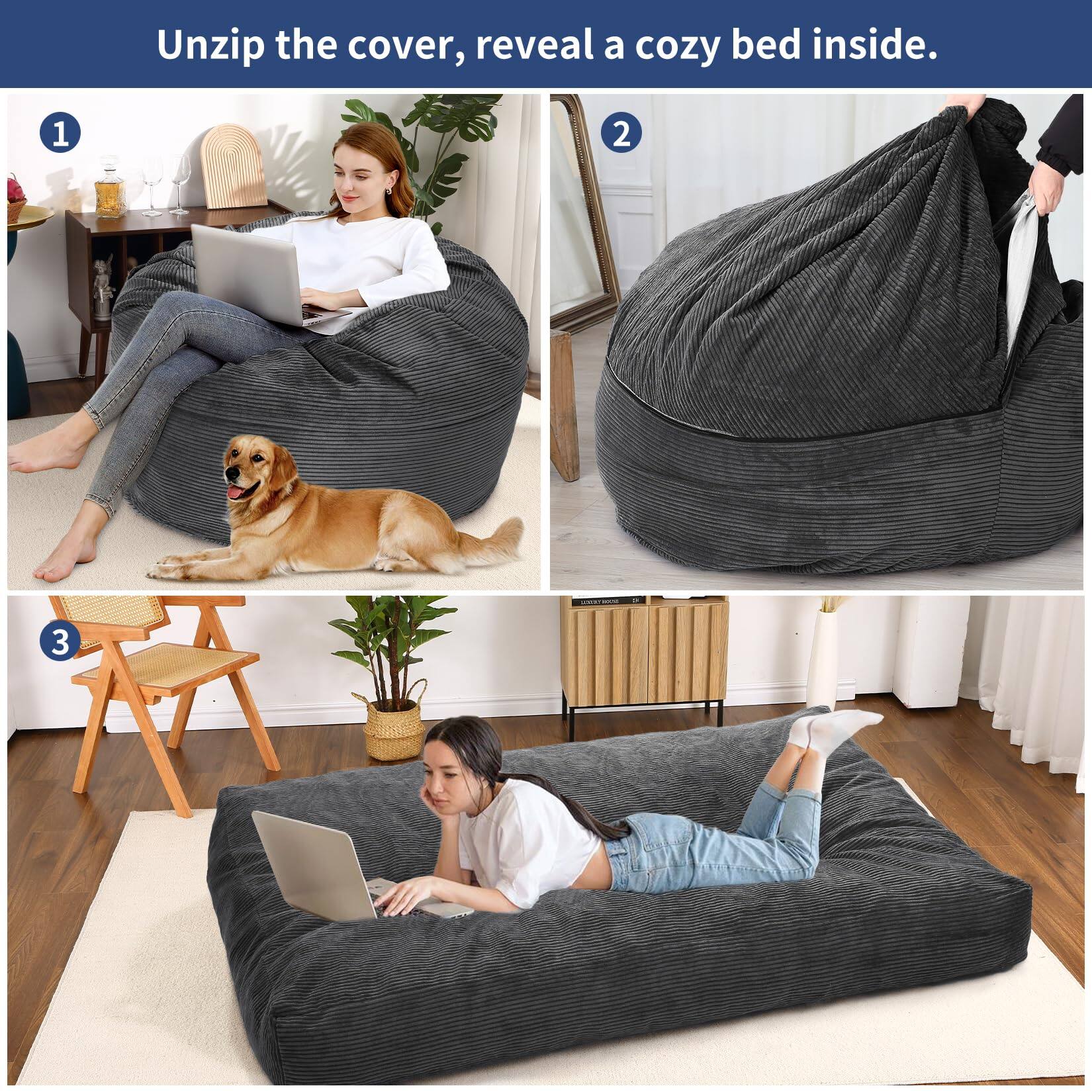 Unzip the cover, reveal a cozy bed inside.

1. Unzip the cover.
2. Reveal the bed inside.
3. Enjoy the cozy bed.