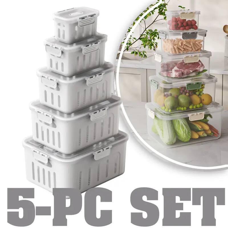 FC Design - 5PC Food Storage Box Set Airtight, Bpa-free, Stackable Container with Double Drain Basket with Air Holes - White