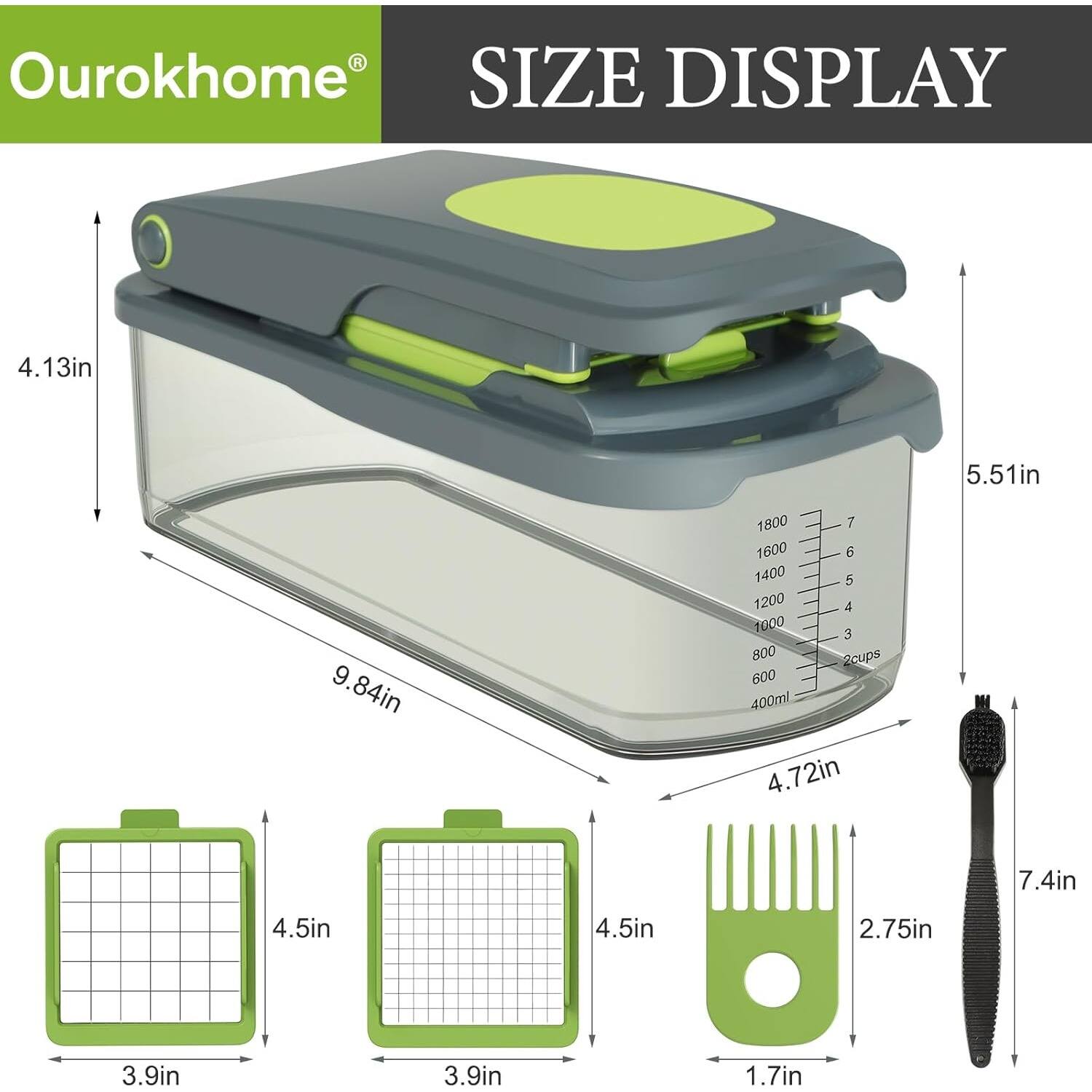 Ourokhome SIZE DISPLAY

4.13in
5.51in
9.84in
4.72in
7.4in
4.5in
4.5in
2.75in
3.9in
3.9in
1.7in

1800
1600
1400
1200
1000
800
600
400ml
2 cups