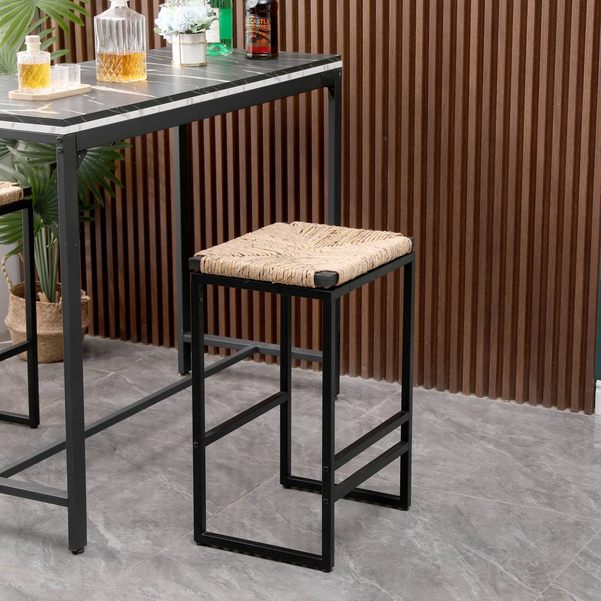 Left. GOODSILO - Set of 2 Backless Bar Stools with Paper Rope Woven Seats for Kitchen Counter and Dining - Natural.