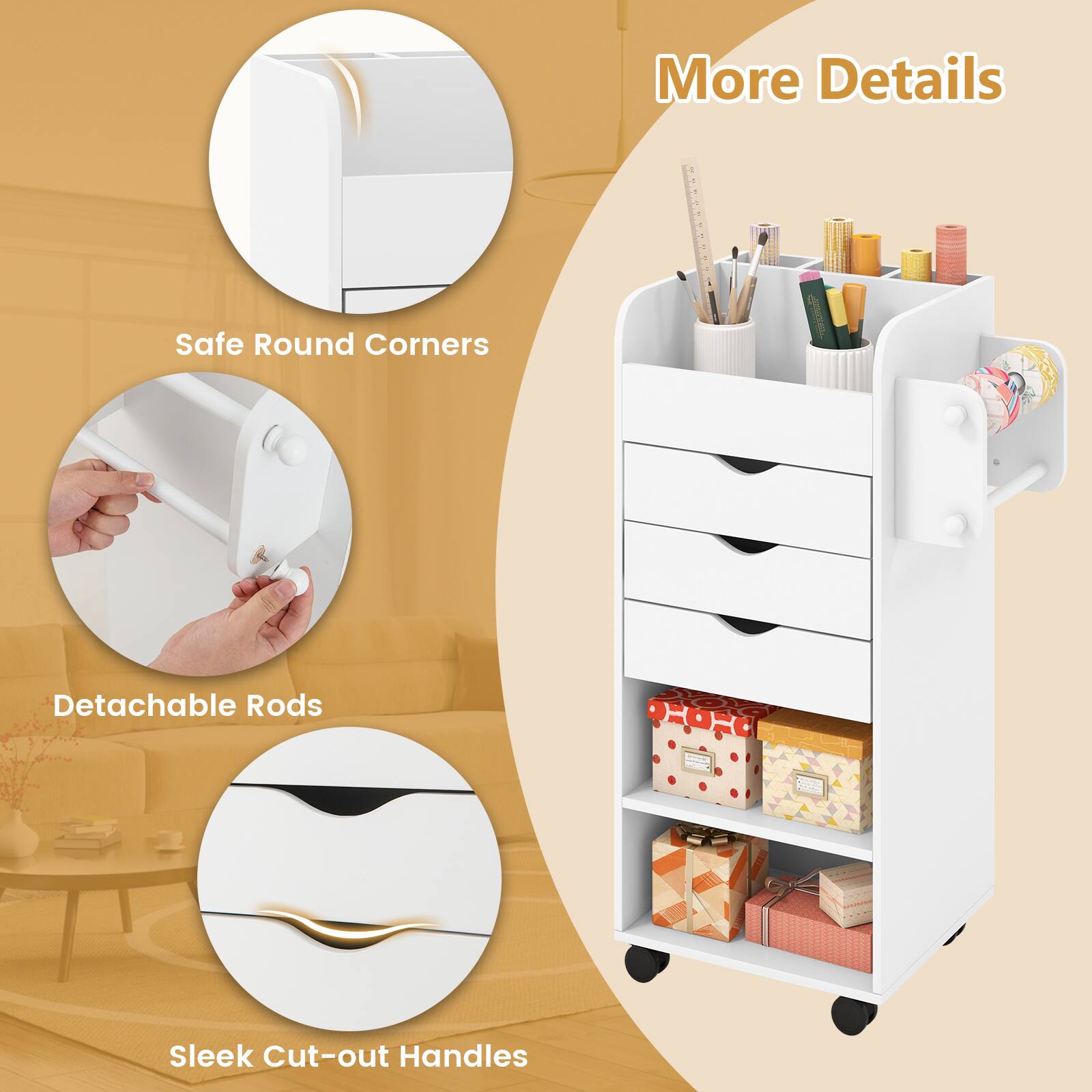 More Details, Safe Round Corners, Detachable Rods, Sleek Cut-out Handles