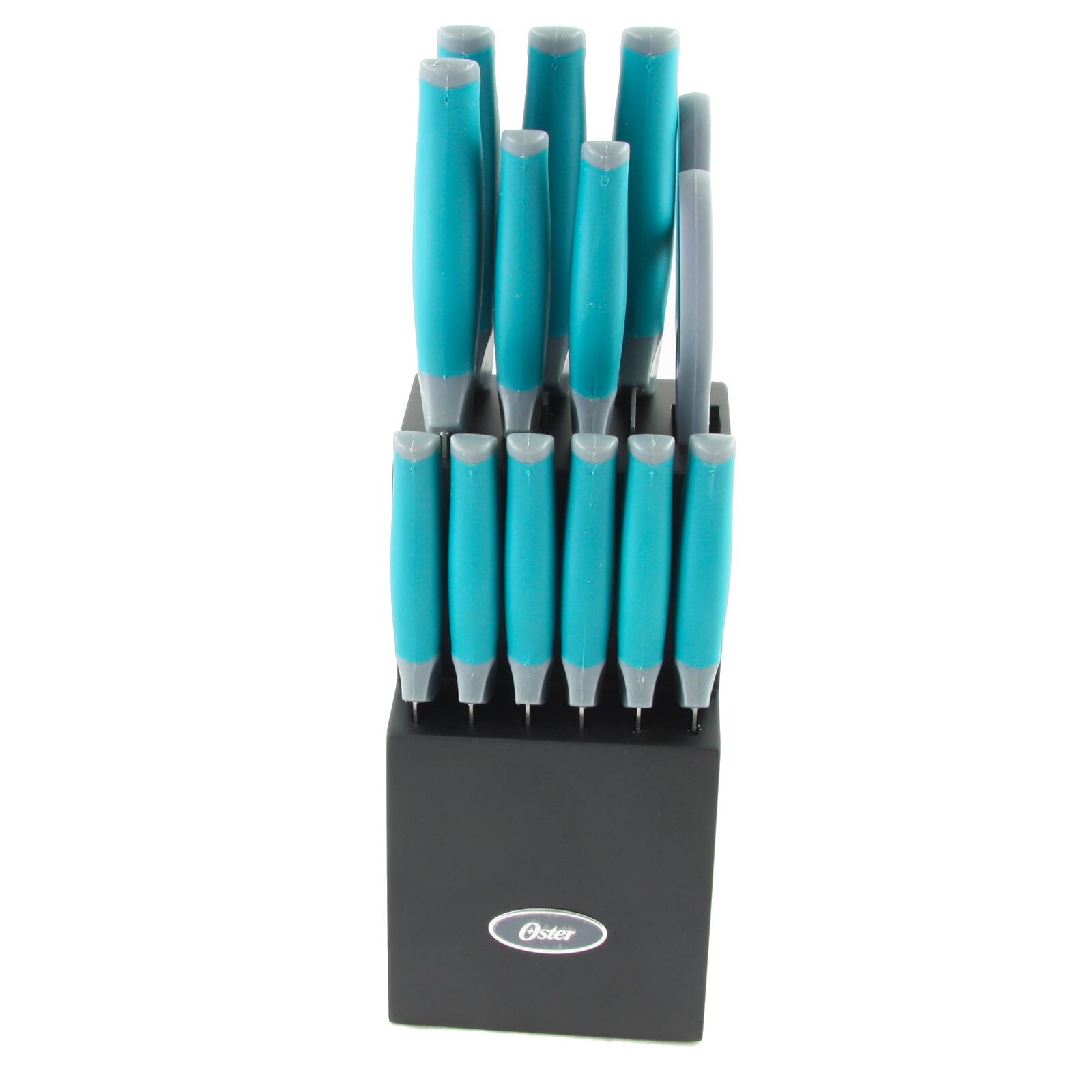 Alt View 3. Oster - Oster Lindbergh 14 Piece Stainless Steel Cutlery Set in Teal with Wooden Block - Teal.