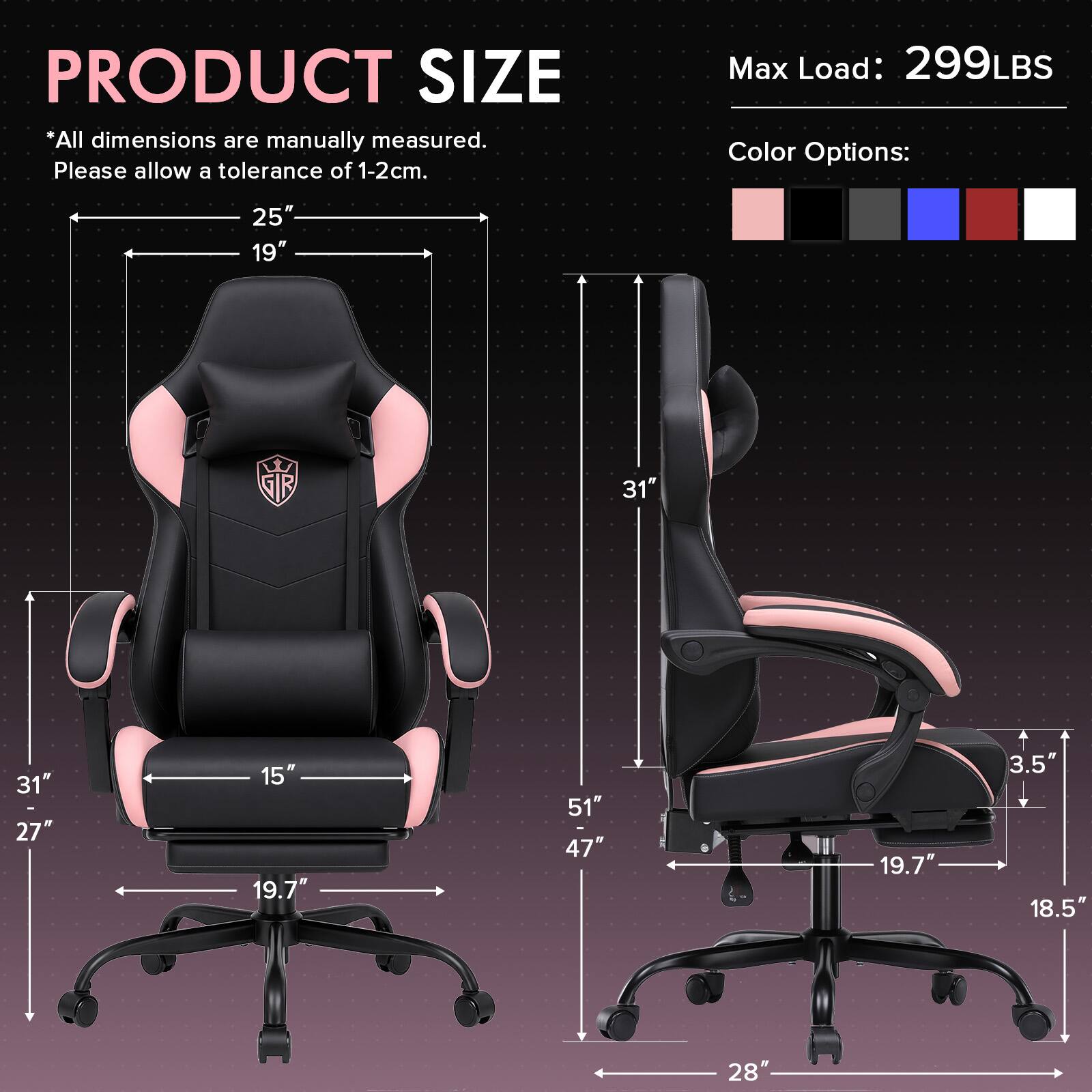 PRODUCT SIZE  
*All dimensions are manually measured. Please allow a tolerance of 1-2cm.  

Max Load: 299LBS  

Color Options:  

25" 19"  
31" 27"  
15" 19.7"  
51" 47"  
19.7"  
3.5" 18.5"  
28"