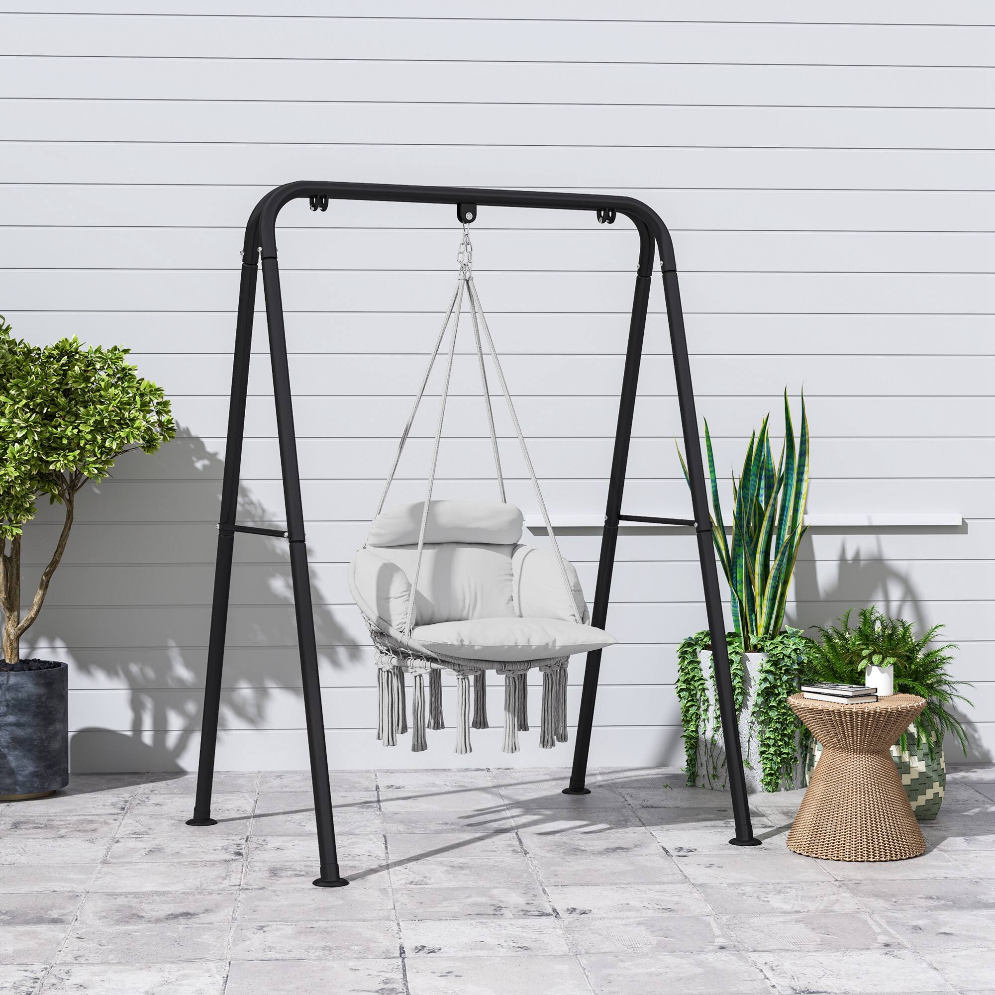Alt View 1. Outsunny - Swing Chair, Macrame Hanging Chair with Large Cushion, Chain - Gray.
