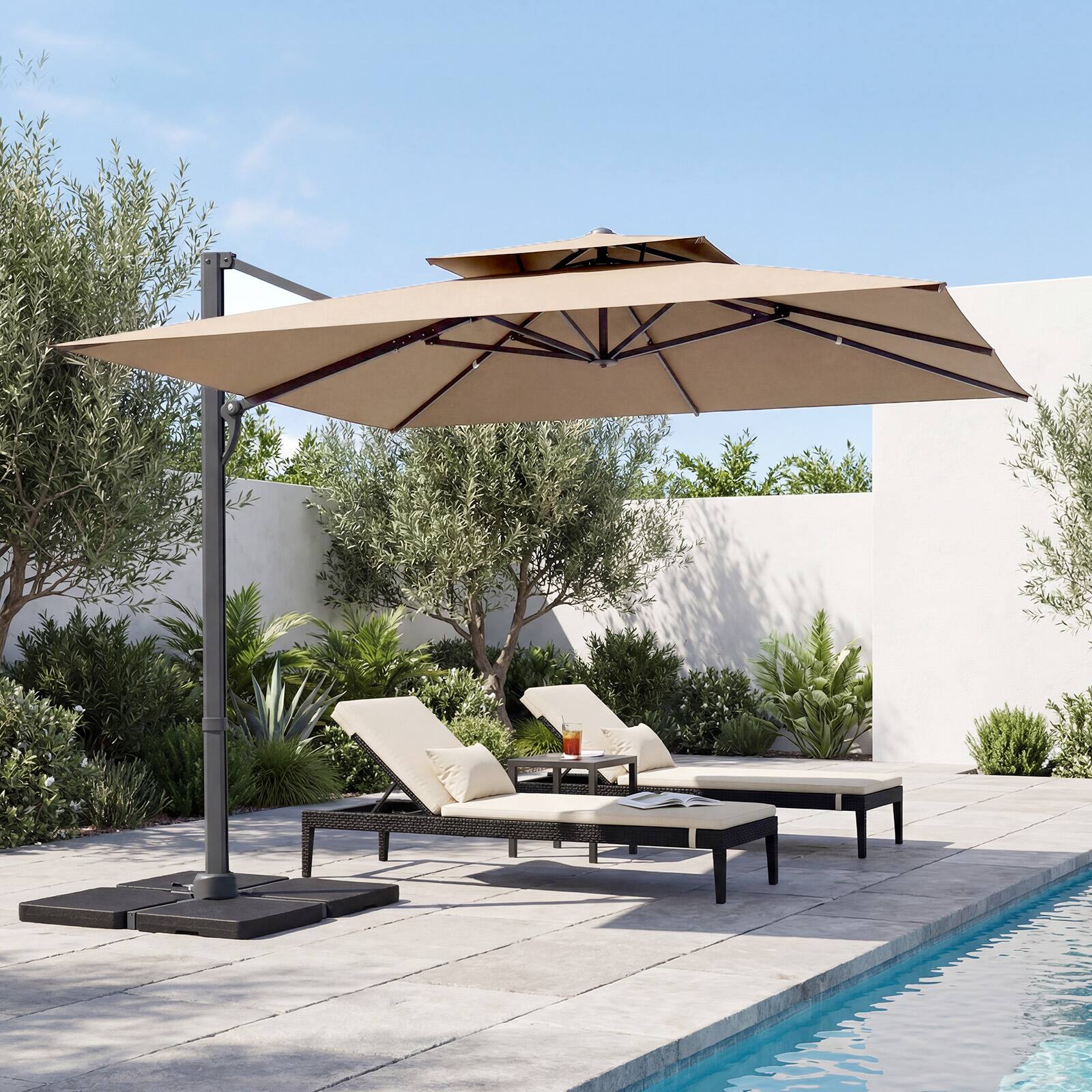 Alt View 3. Gymax - Gymax Cantilever Umbrella w/220 LBS BaseLarge Offset Hanging Umbrella w/360-Degree Rotation Tan - Brown.