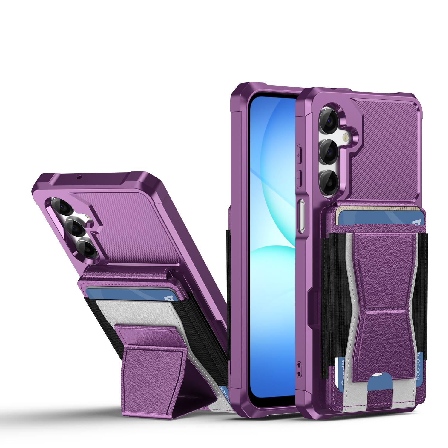 Angle. Dteck - Rugged Wallet Case for Samsung Galaxy A17 5G, Shockproof Protective Cover with Elastic Card Holder and Kickstand - Purple.