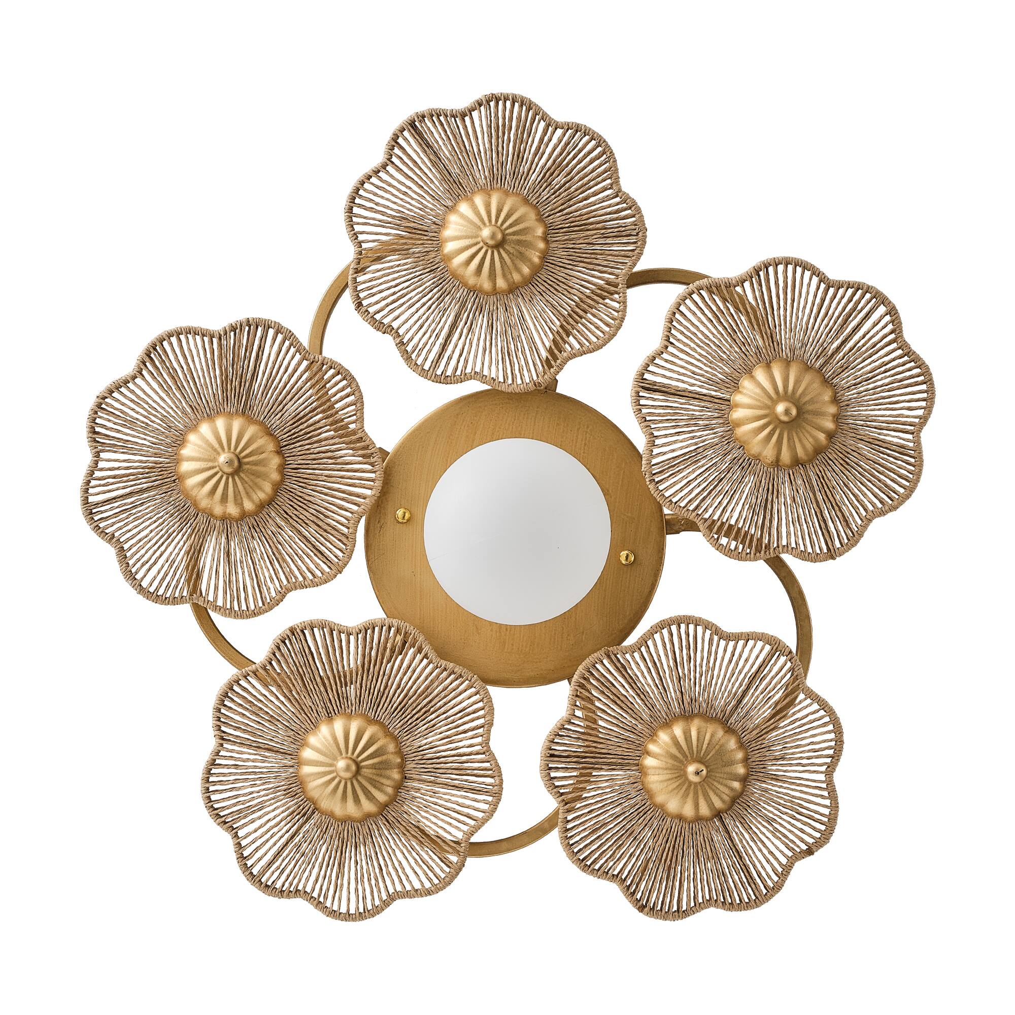 Alt View 5. Parrot Uncle - Antique Gold Modern Farmhouse Hand-Woven Raffia Rope Five Flower-Shaped Frosted Globe LED Wall Lamp Ceiling Light - Gold.