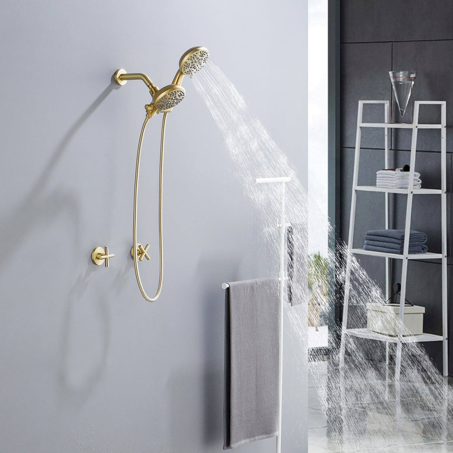 Alt View 5. Boyel Living - Brushed Gold Shower Set with Dual Handle Control and 7 Function Dual Shower Heads - Brushed Gold.