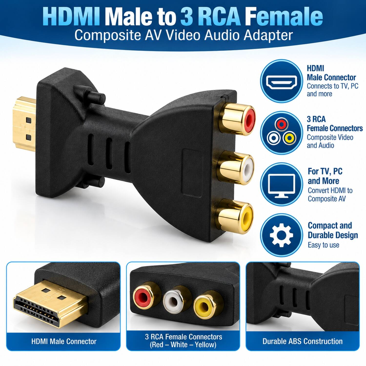 Sanoxy HDMI Male to 3 RCA Female Composite AV Video Audio Adapter ...