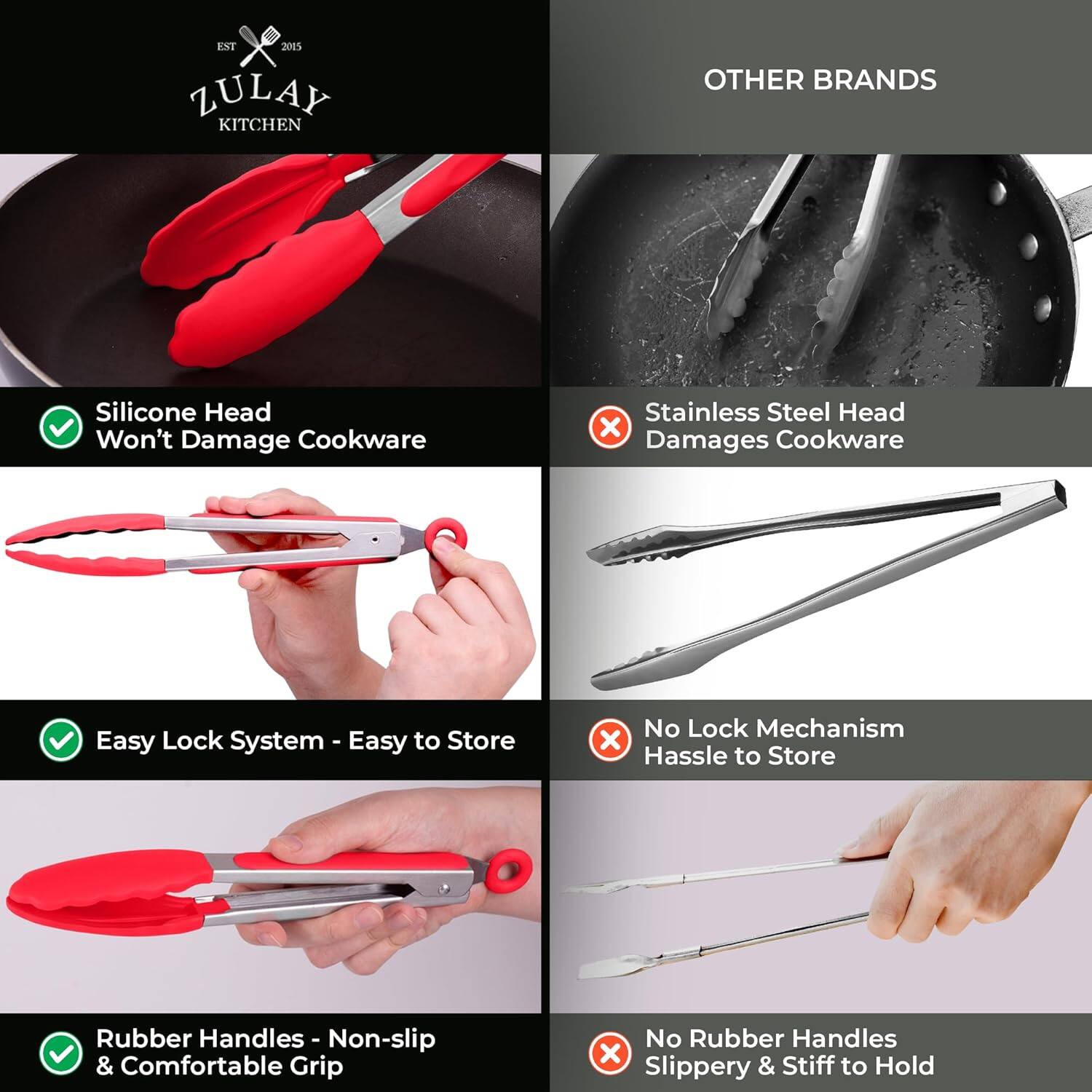 Zulay Kitchen, Other Brands, Silicone Head, Stainless Steel Head, Easy Lock System, No Lock Mechanism, Rubber Handles, No Rubber Handles