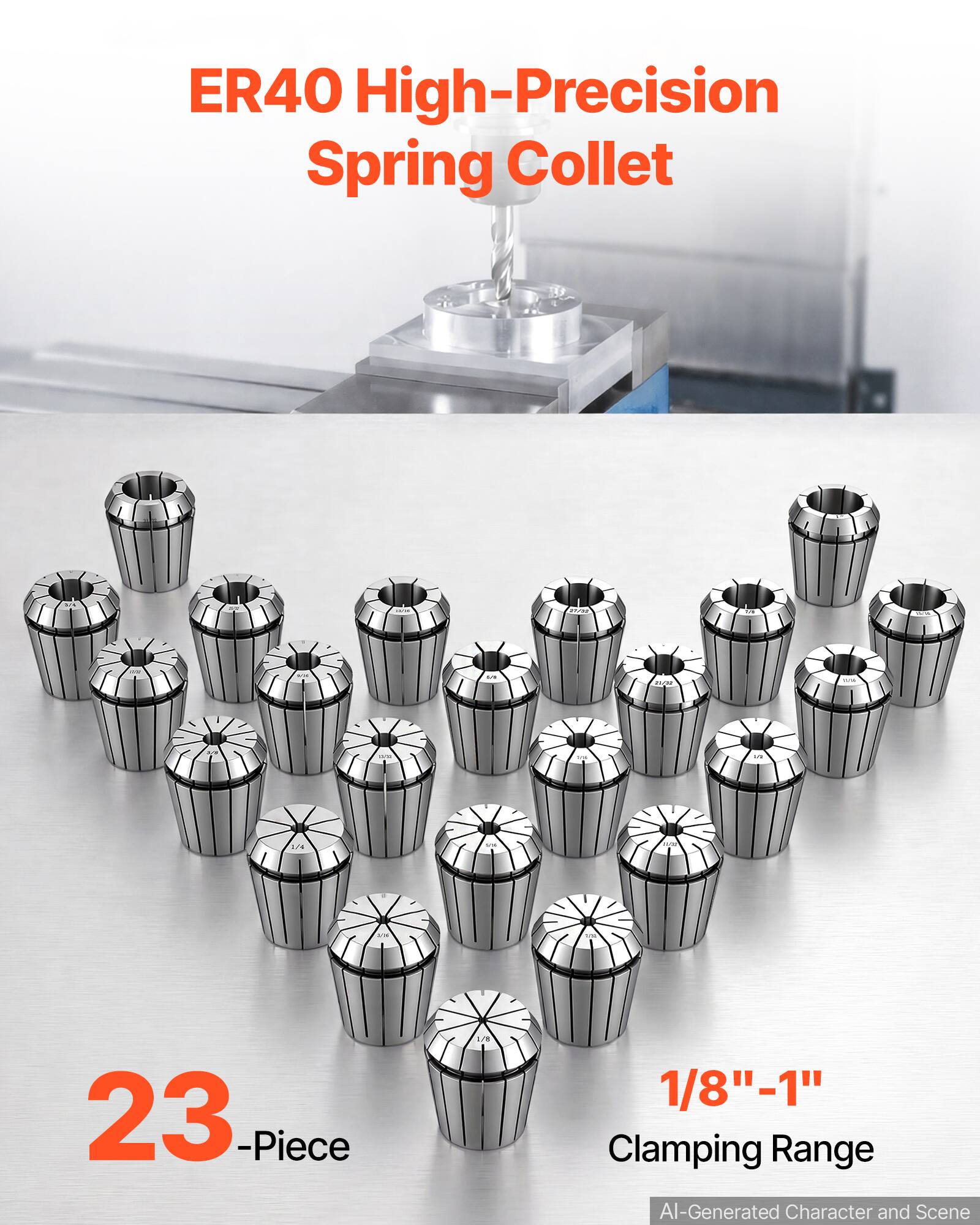 ER40 High-Precision Spring Collet

23-Piece

1/8" - 1" Clamping Range

AI-Generated Character and Scene