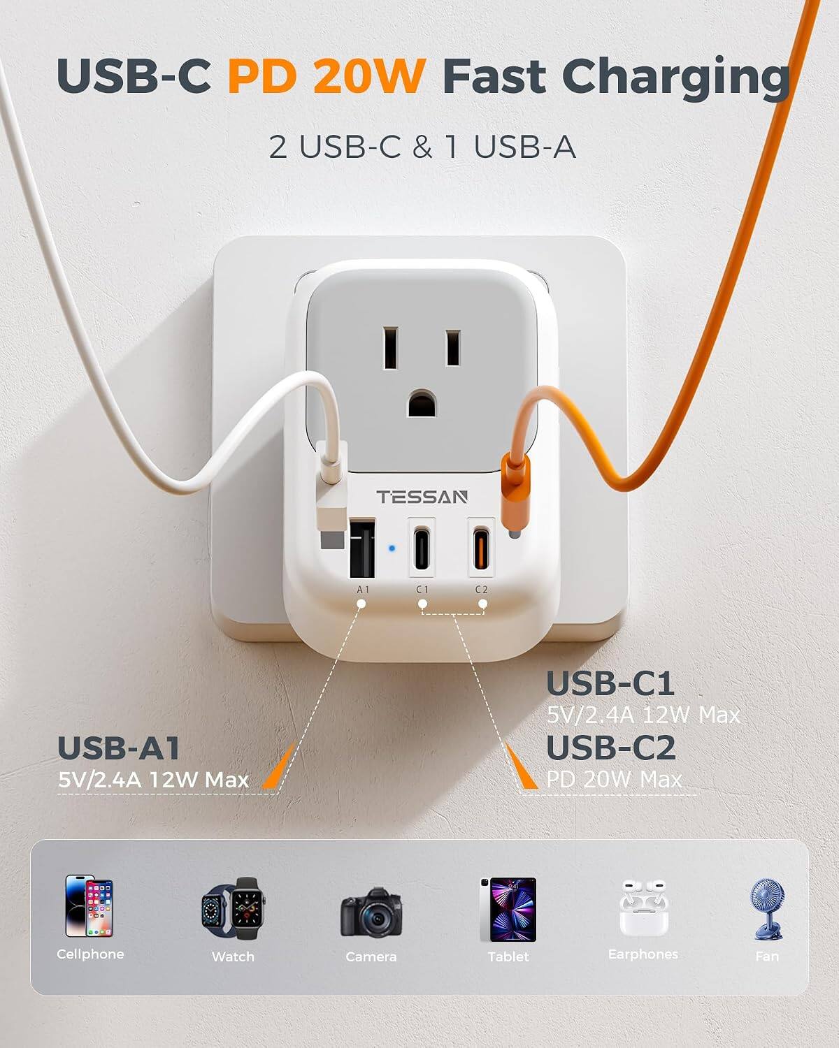 USB-C PD 20W Fast Charging  
2 USB-C & 1 USB-A  

TESSAN  
A1 C1 C2  

USB-A1: 5V/2.4A 12W Max  
USB-C1: 5V/2.4A 12W Max  
USB-C2: PD 20W Max  

- Cellphone  
- Watch  
- Camera  
- Tablet  
- Earphones  
- Fan